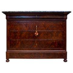 Antique French Louis Philippe Mahogany Veneer Commode with Marble Top