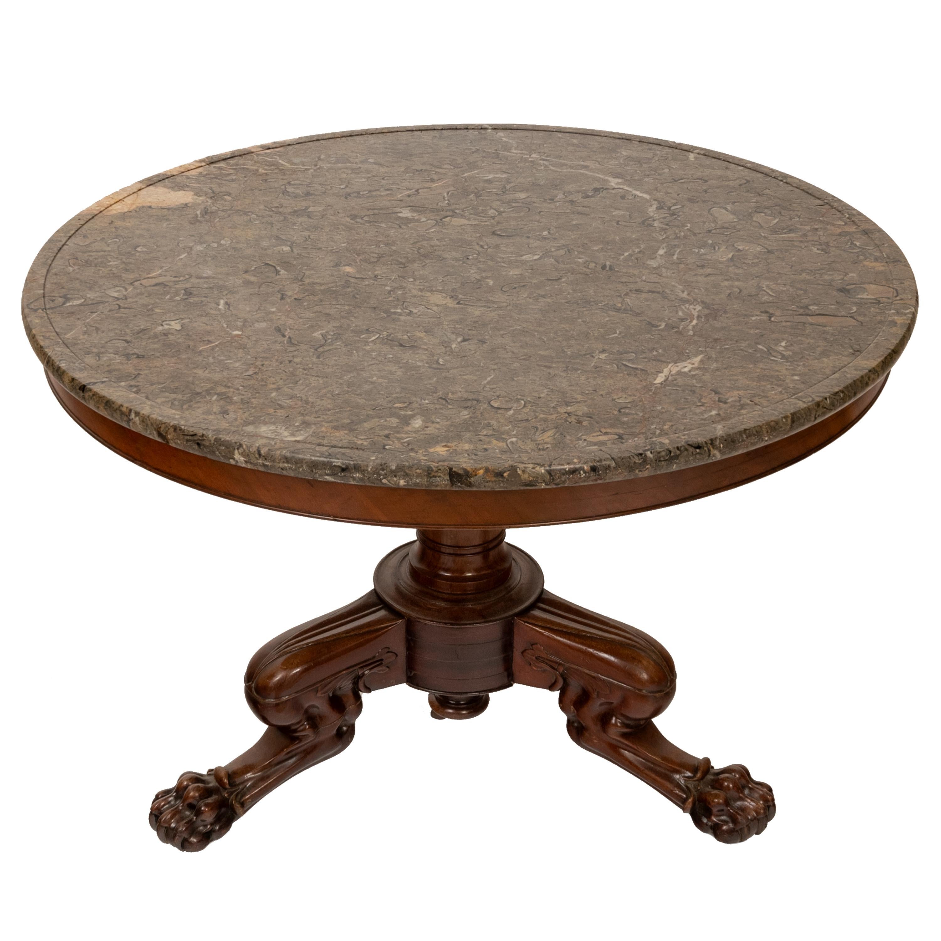 Antique French Louis Philippe Marble Top Carved Mahogany Round Tripod Table 1850 In Good Condition In Portland, OR
