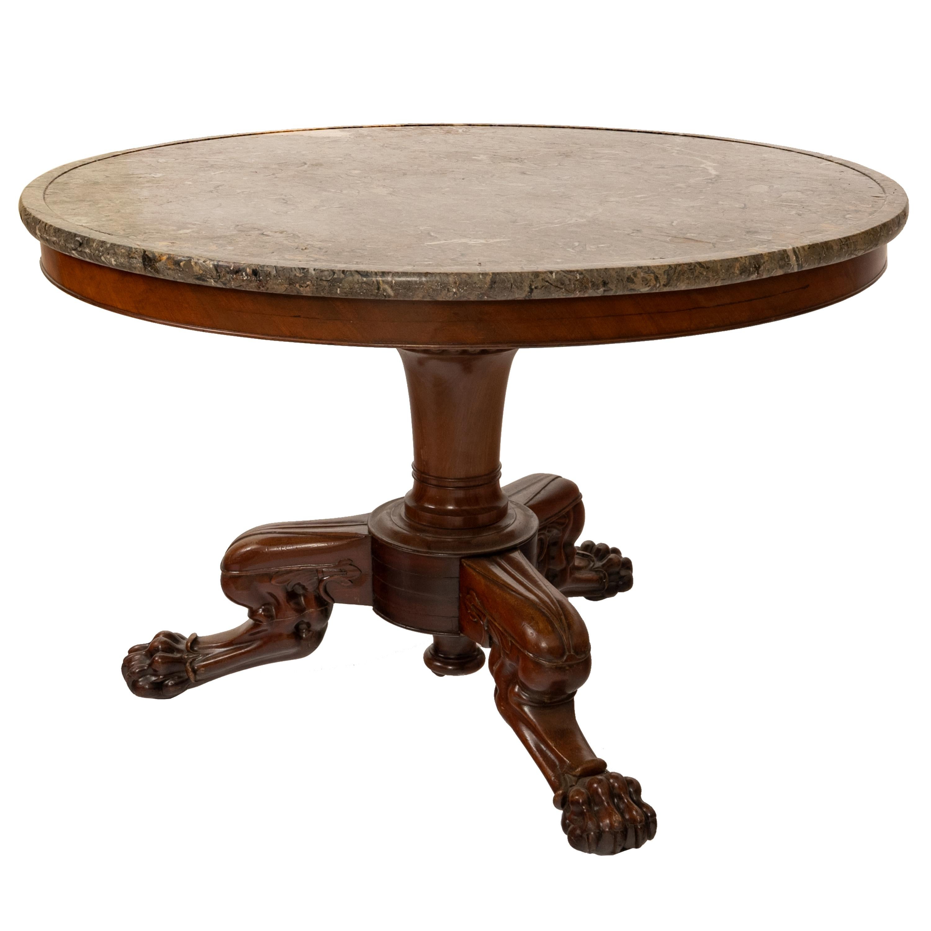 19th Century Antique French Louis Philippe Marble Top Carved Mahogany Round Tripod Table 1850