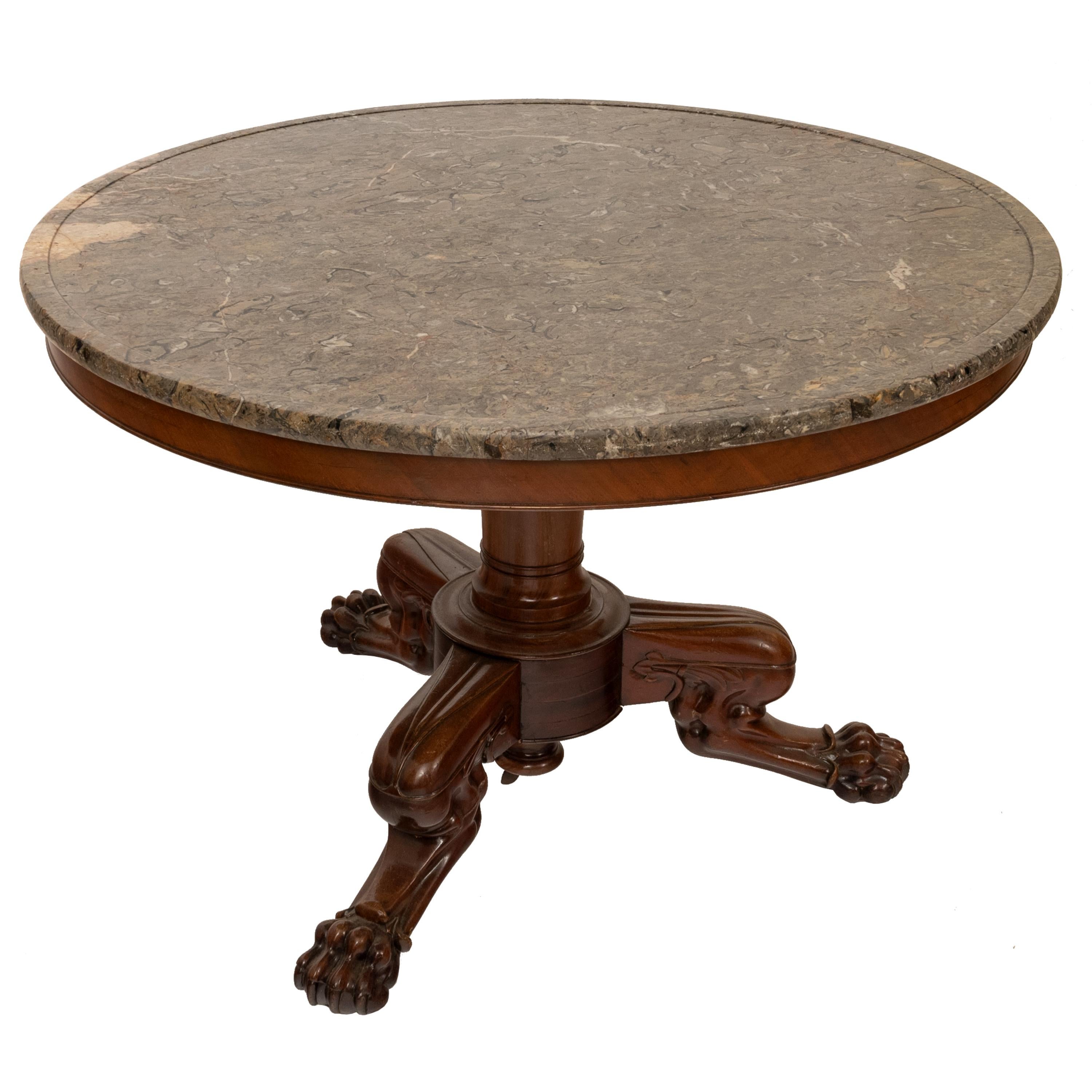 Antique French Louis Philippe Marble Top Carved Mahogany Round Tripod Table 1850 1