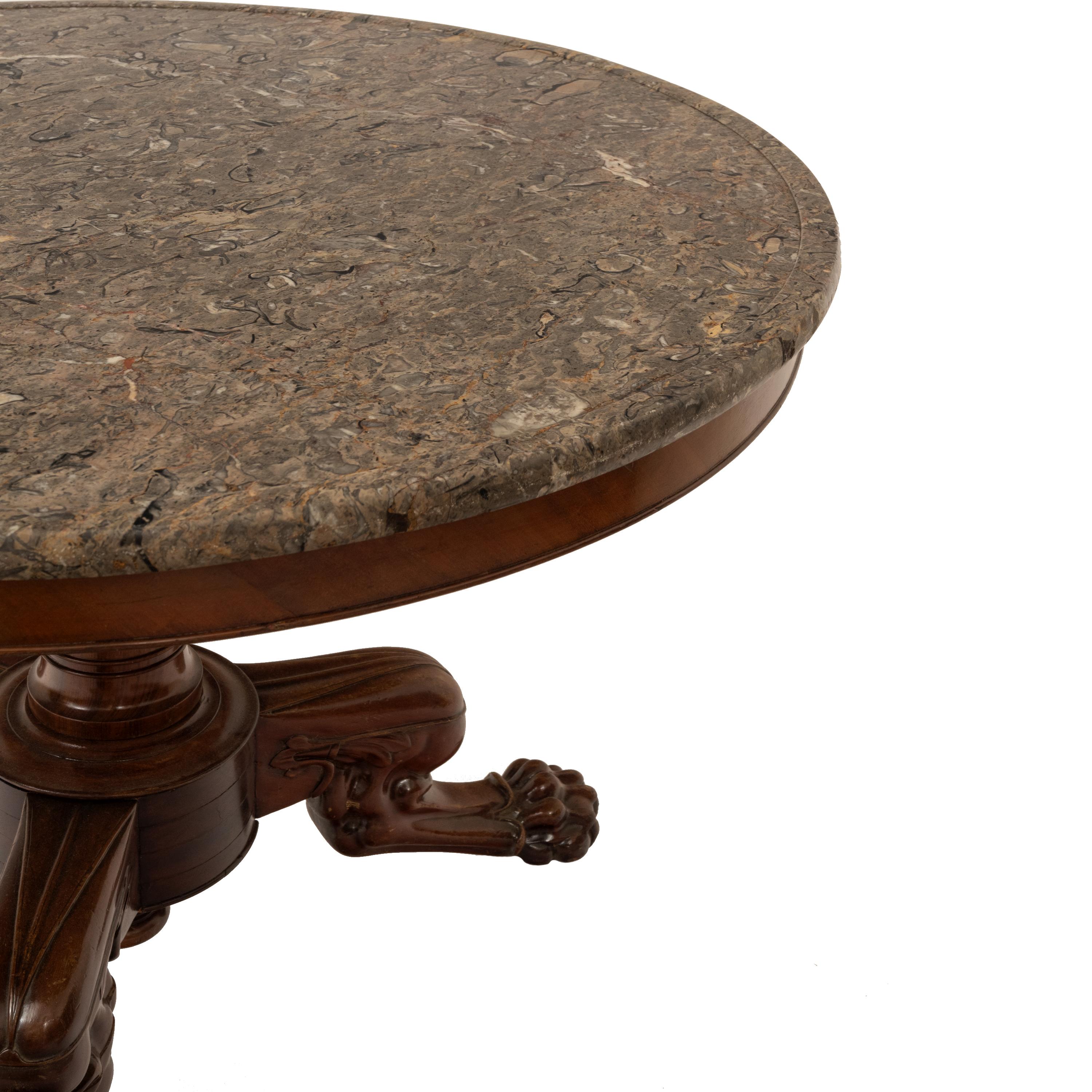 Antique French Louis Philippe Marble Top Carved Mahogany Round Tripod Table 1850 4