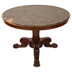 Antique French Louis Philippe Marble Top Carved Mahogany Round Tripod Table 1850