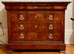 Antique French Louis Philippe Marble Top & Gold Bronze Flamed Mahogany Commode