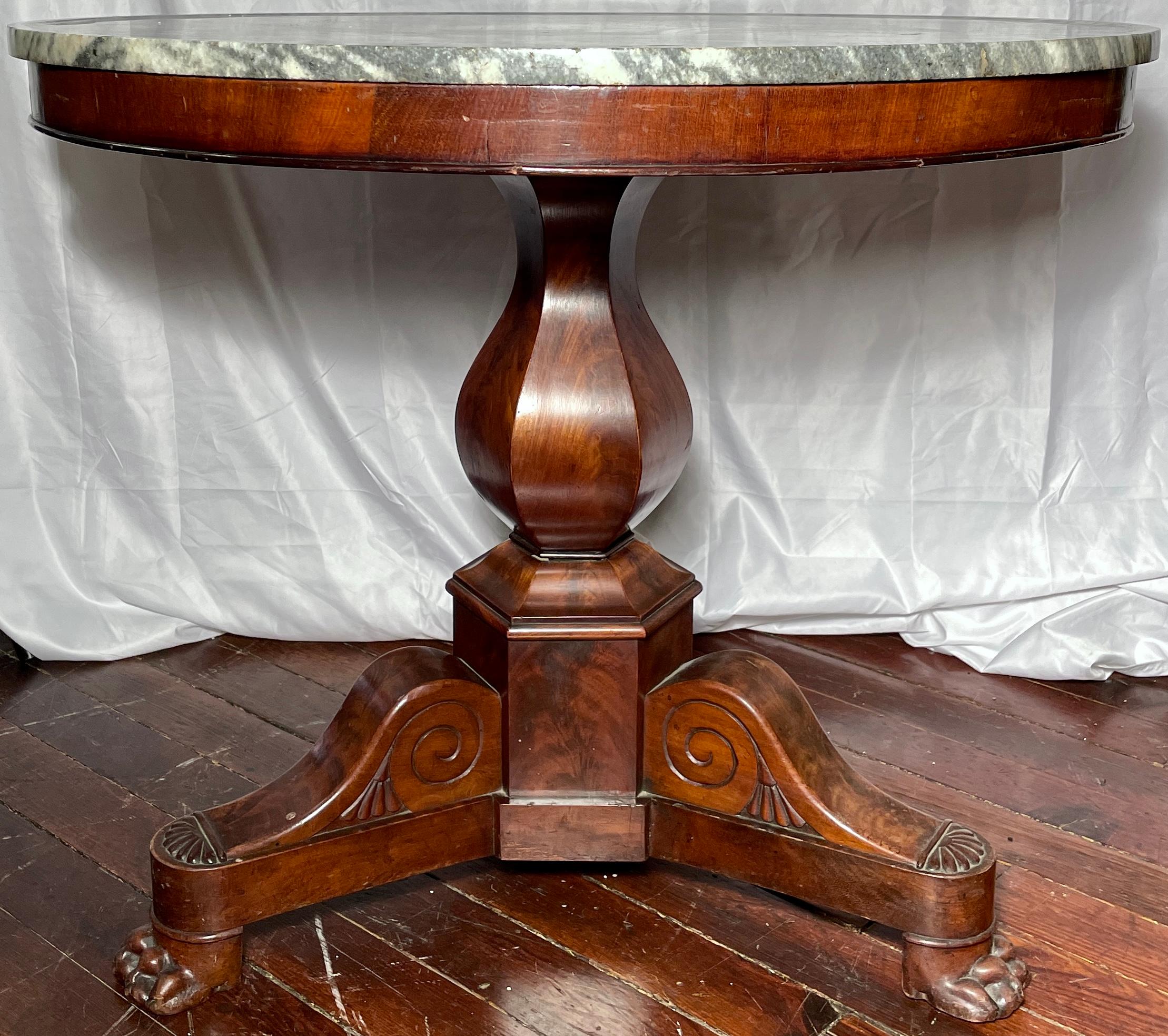 Antique French Louis Philippe Mahogany center table with marble top, Circa 1830-1840