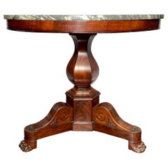 Antique French Louis Philippe Marble-Top Mahogany Center Table, Circa 1830-1840