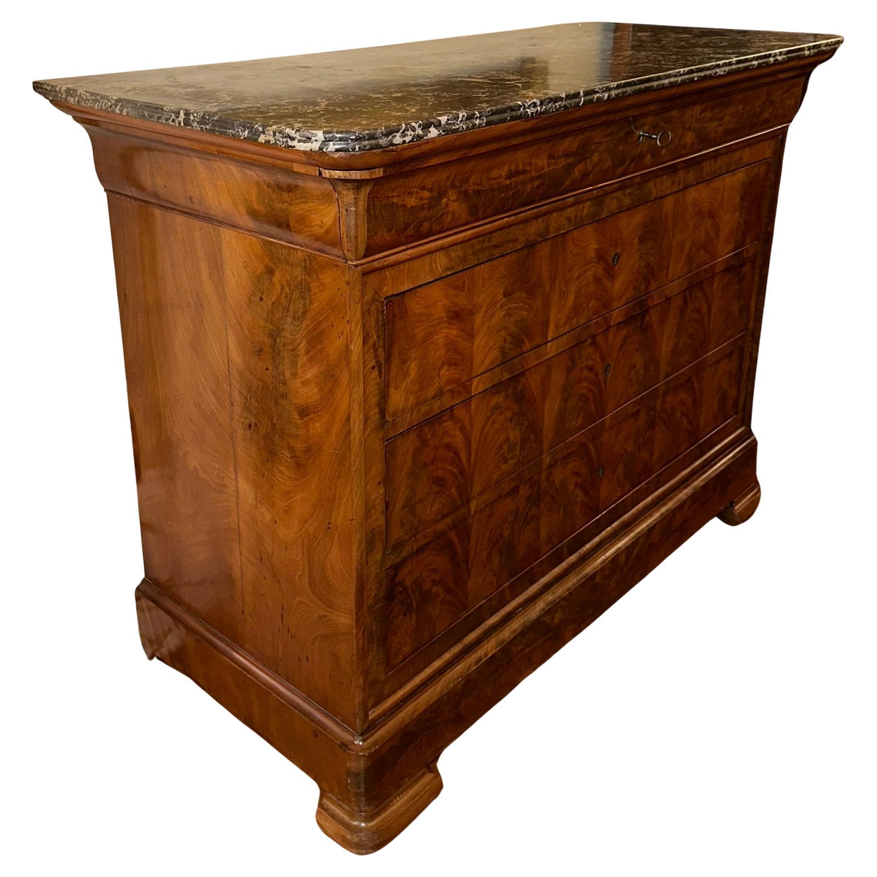 19th Century Antique French Louis Philippe Marble Top Mahogany Chest, Circa 1840-1850. For Sale