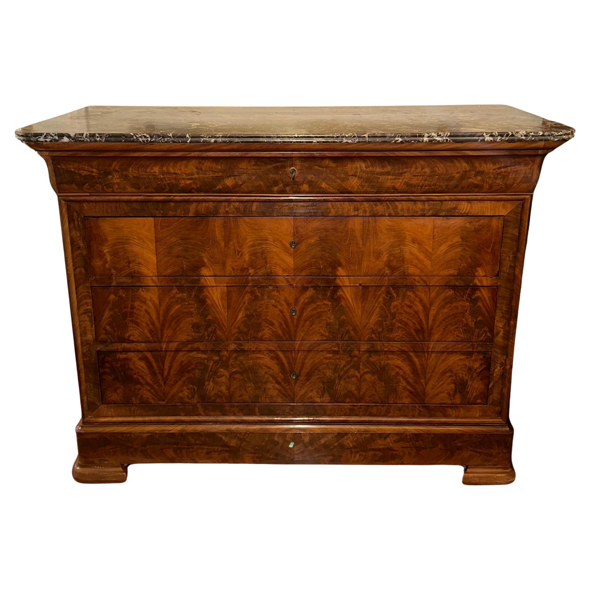 Antique French Louis Philippe Marble Top Mahogany Chest, Circa 1840-1850. For Sale