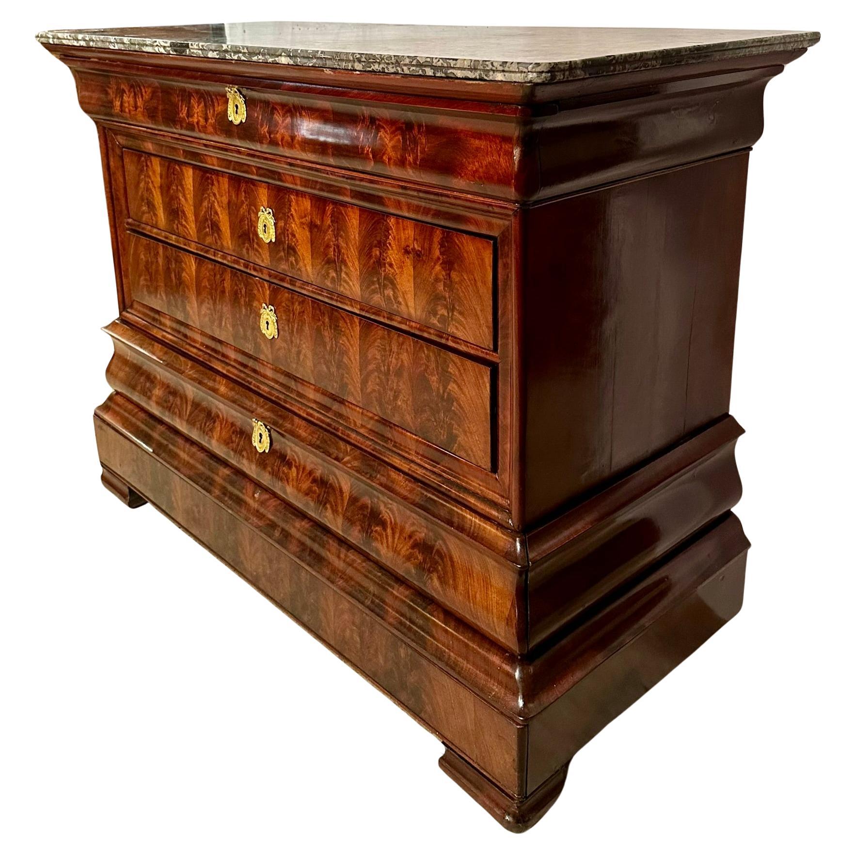 19th Century Antique French Louis Philippe Marble Top Mahogany Commode, Circa 1850.