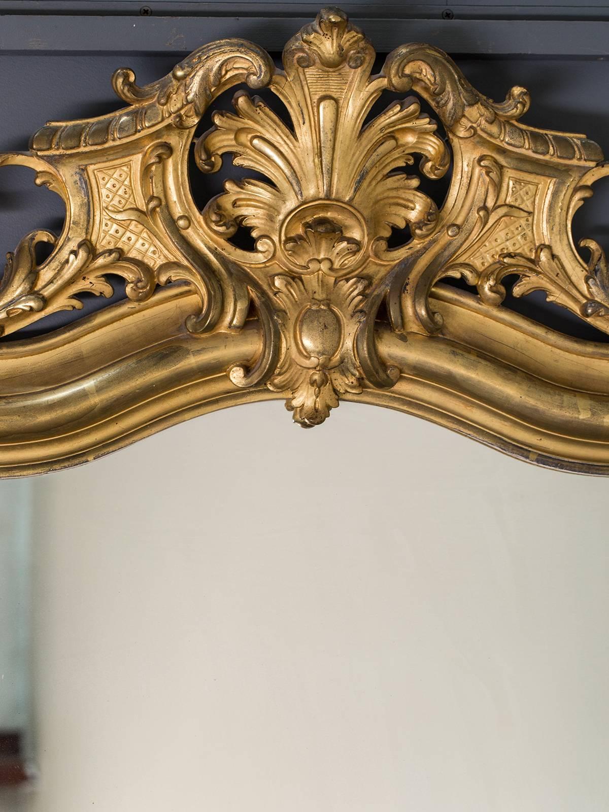 This handsome antique French Louis Philippe gold leaf mirror, circa 1890 has a handsome scale and is topped with a distinctive cartouche. The elaborate and symmetrical shape of the cartouche is quite striking as is the elevation of the original
