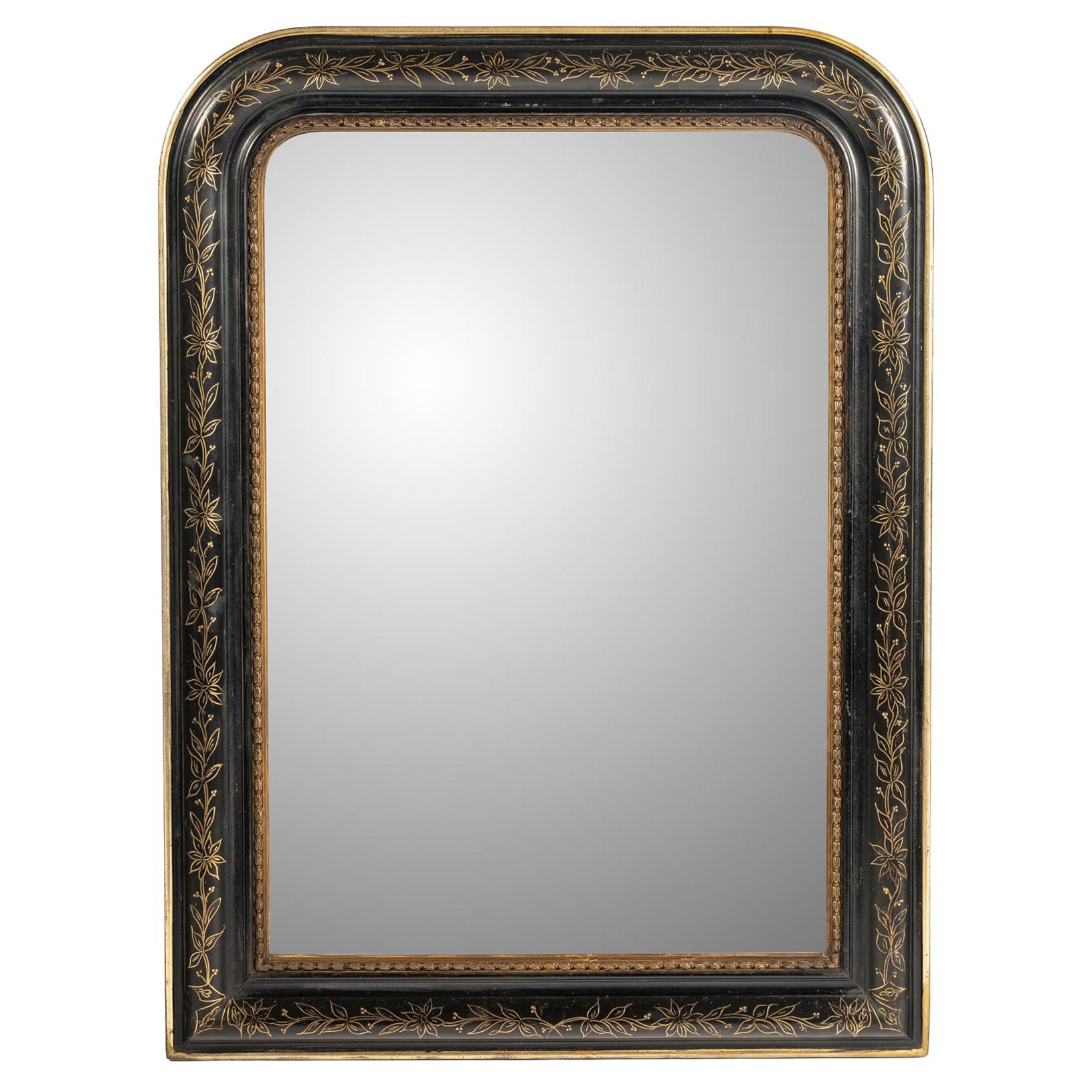 Antique French Louis Philippe Mirror with Black Lacquer Gilt Floral Engraving