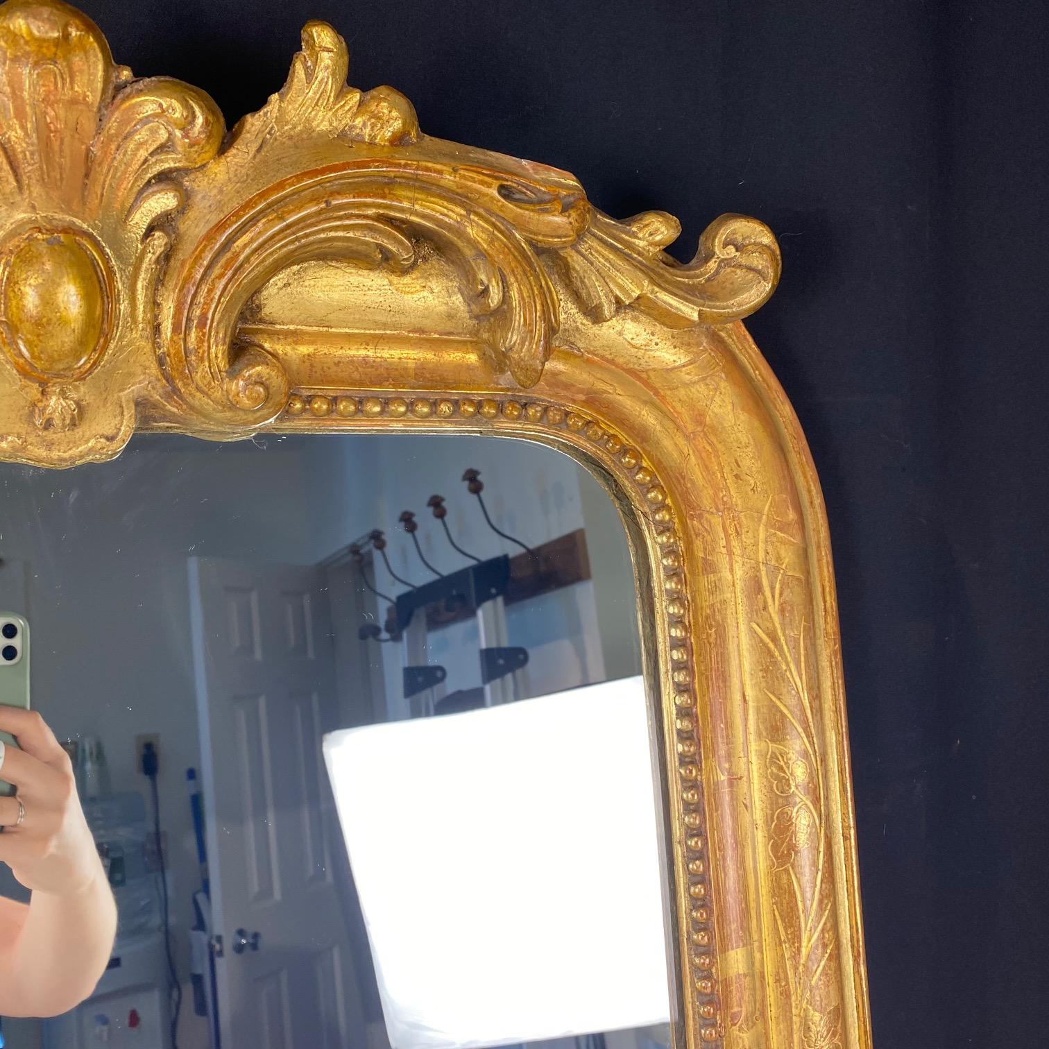 Miroir Antique French Louis Philippe Mirror with Crest and Original Gold Gilt en vente