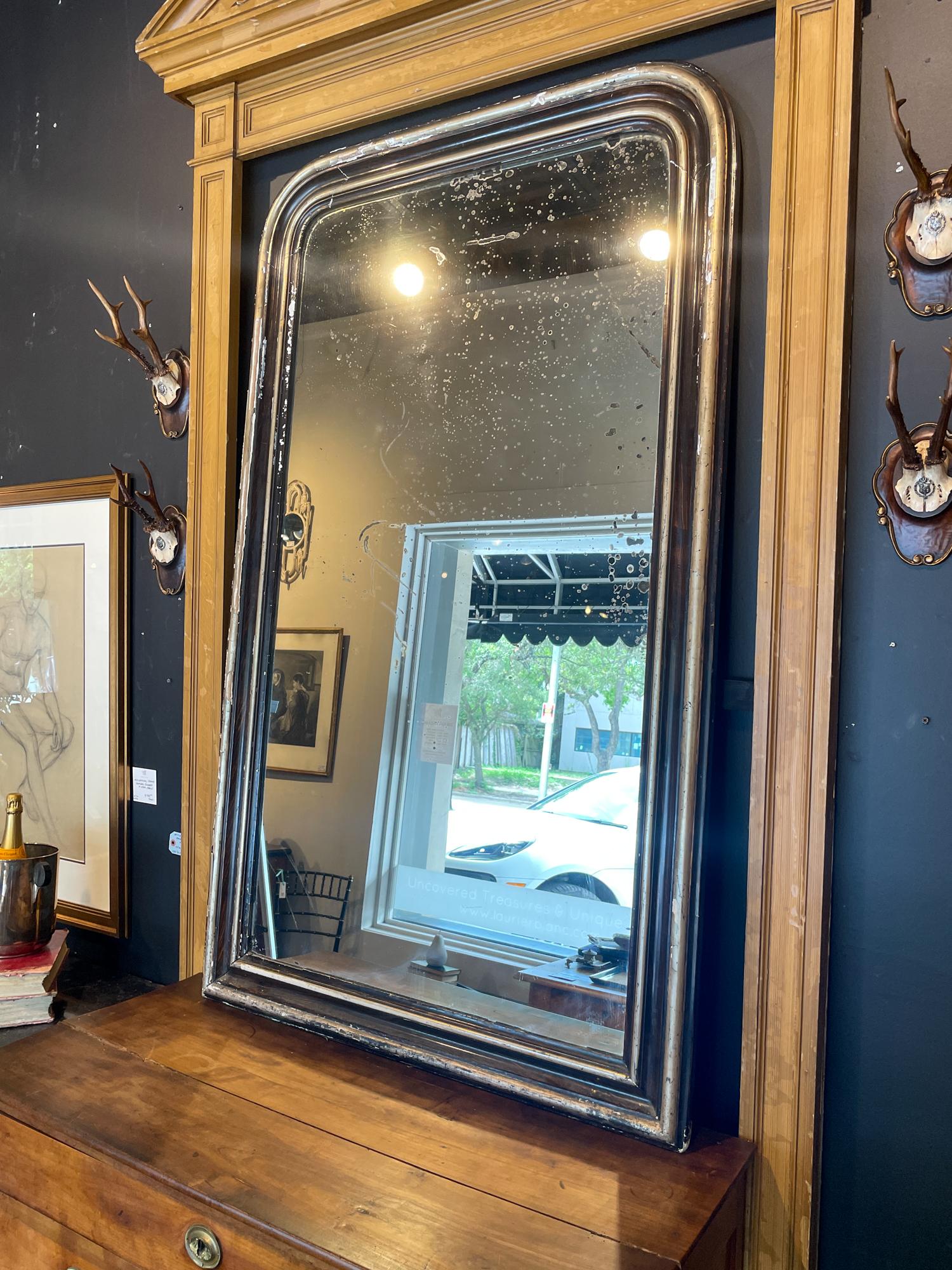Antique French Louis Philippe Mirror with Distressed Frame & Original Glass In Distressed Condition In Houston, TX