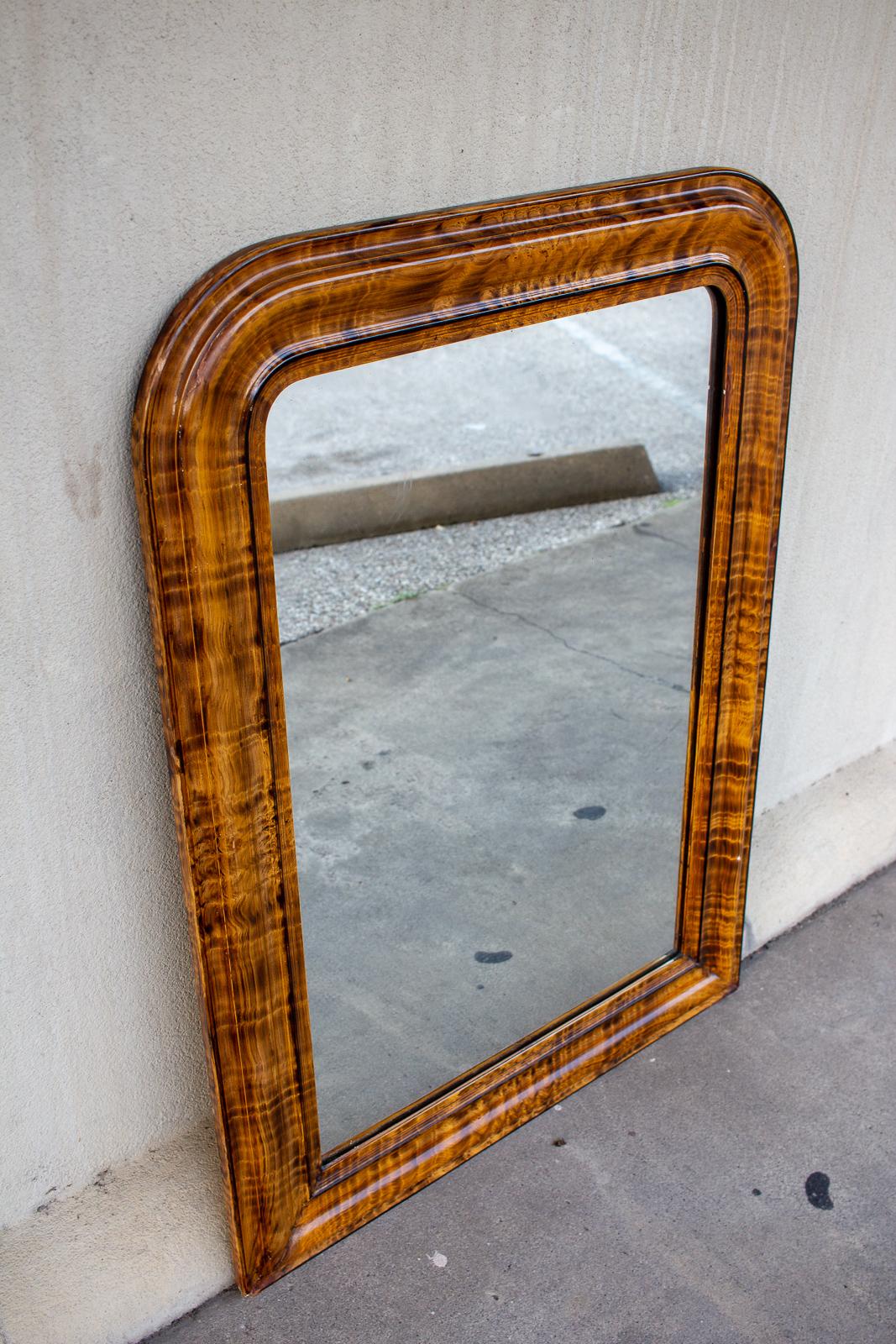 Hand-Painted Antique French Louis Philippe Mirror with Faux Burl Wood Painted Frame