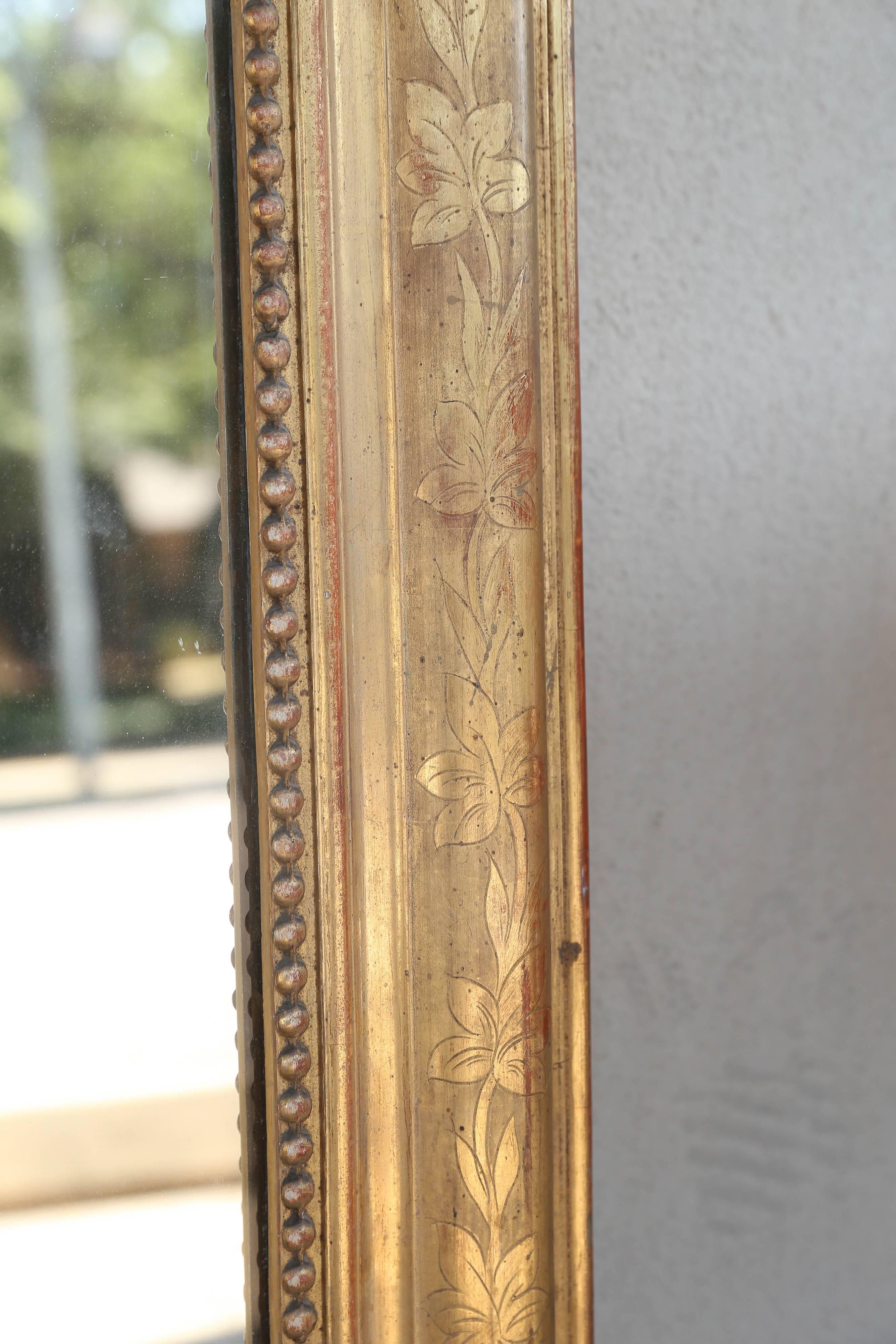 Antique French Louis Philippe Mirror with Floral and Beaded Gilt Frame In Distressed Condition In Houston, TX