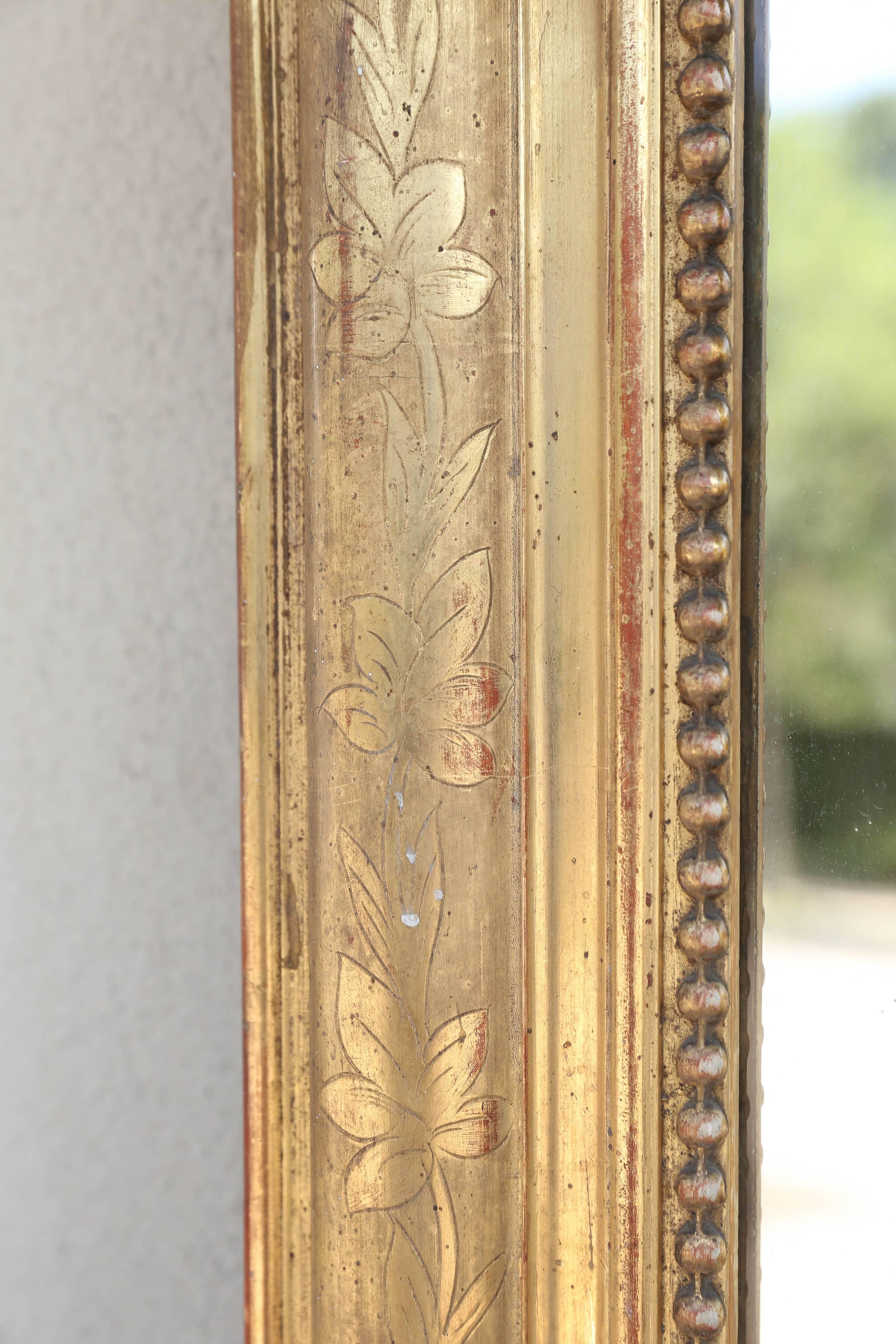 Late 19th Century Antique French Louis Philippe Mirror with Floral and Beaded Gilt Frame