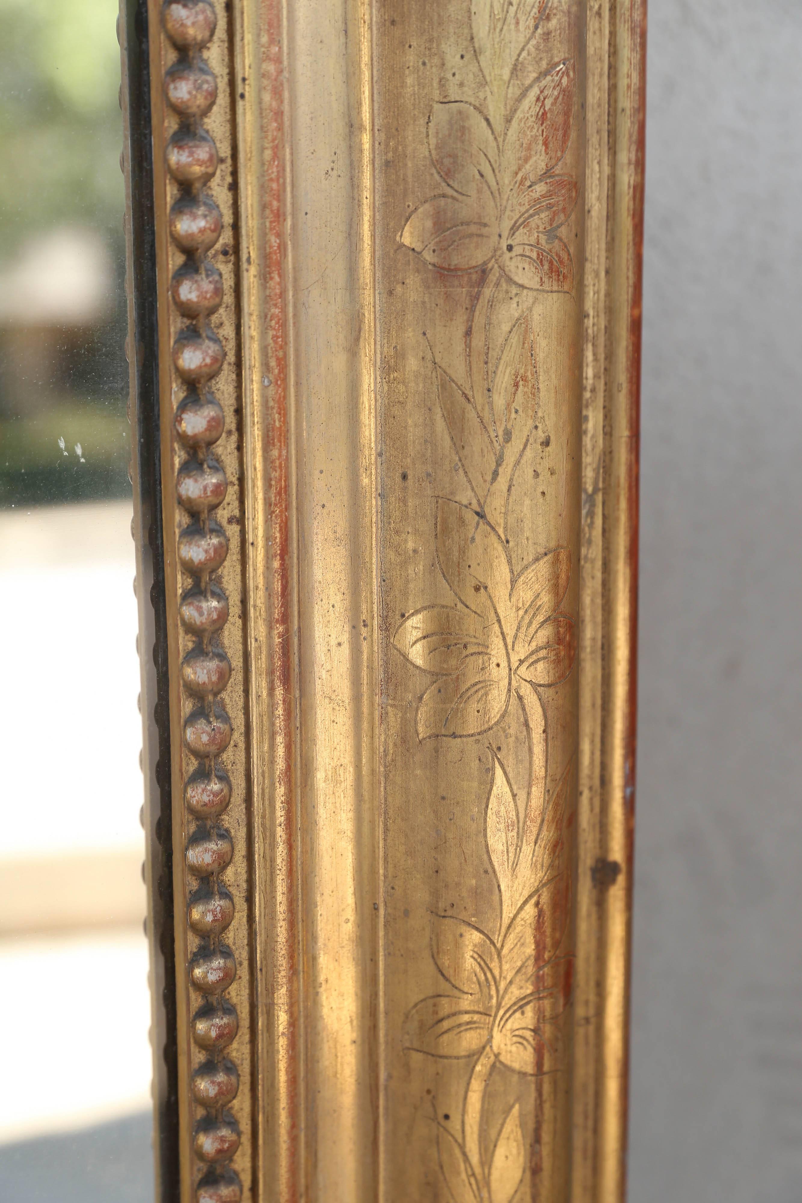 Antique French Louis Philippe Mirror with Floral and Beaded Gilt Frame 1