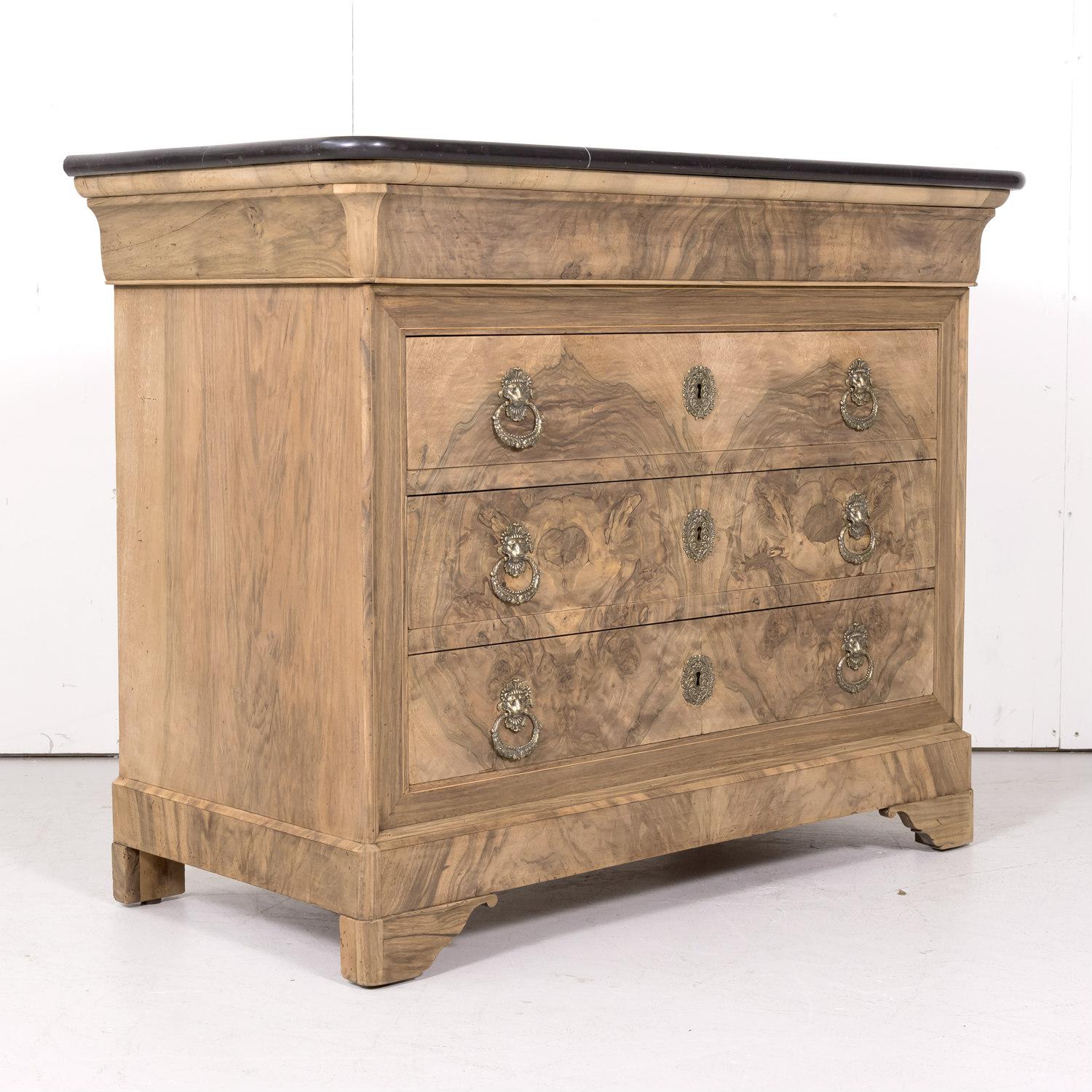 Late 19th Century Antique French Louis Philippe Style Bleached Bookmatched Burled Walnut Commode