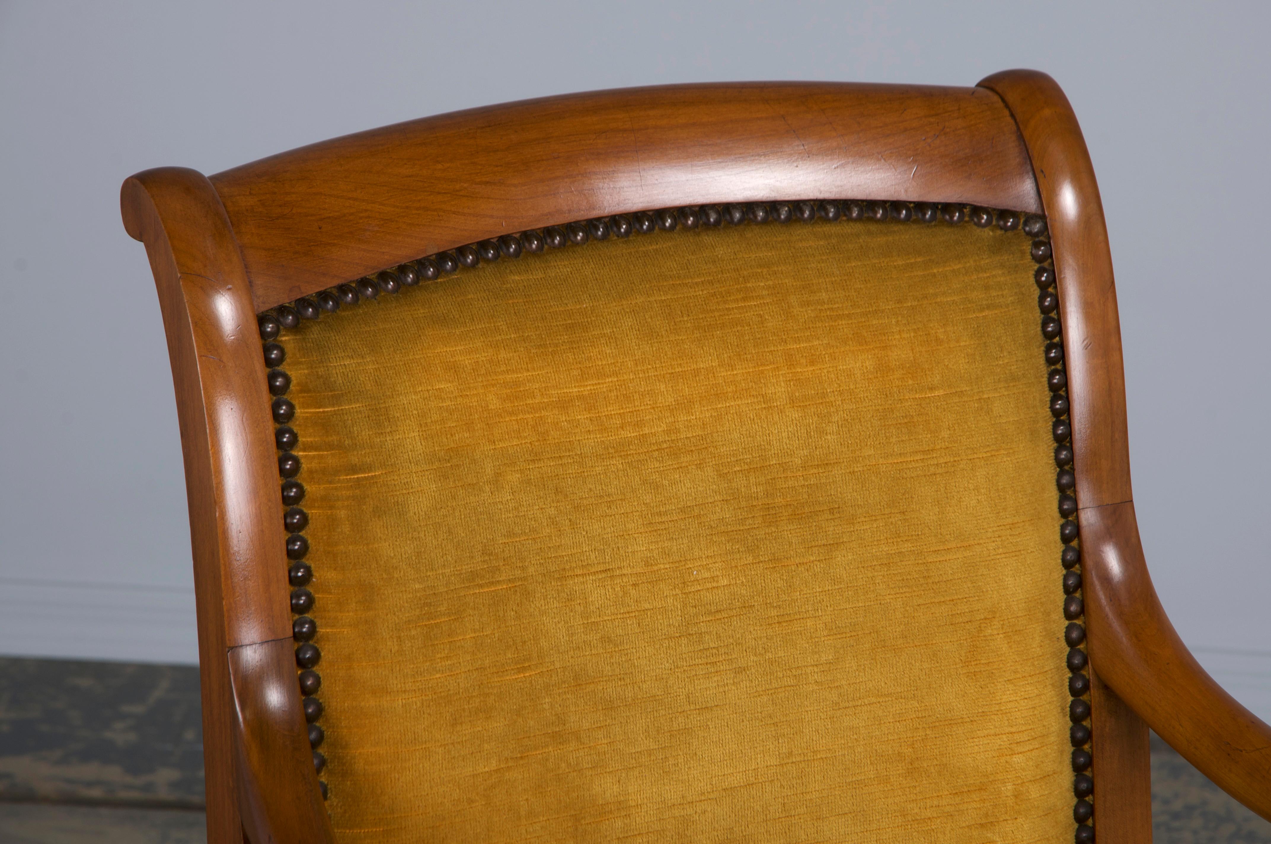 Antique French Louis Philippe Style Walnut Armchairs W/ Yellow Velvet - A Pair For Sale 5