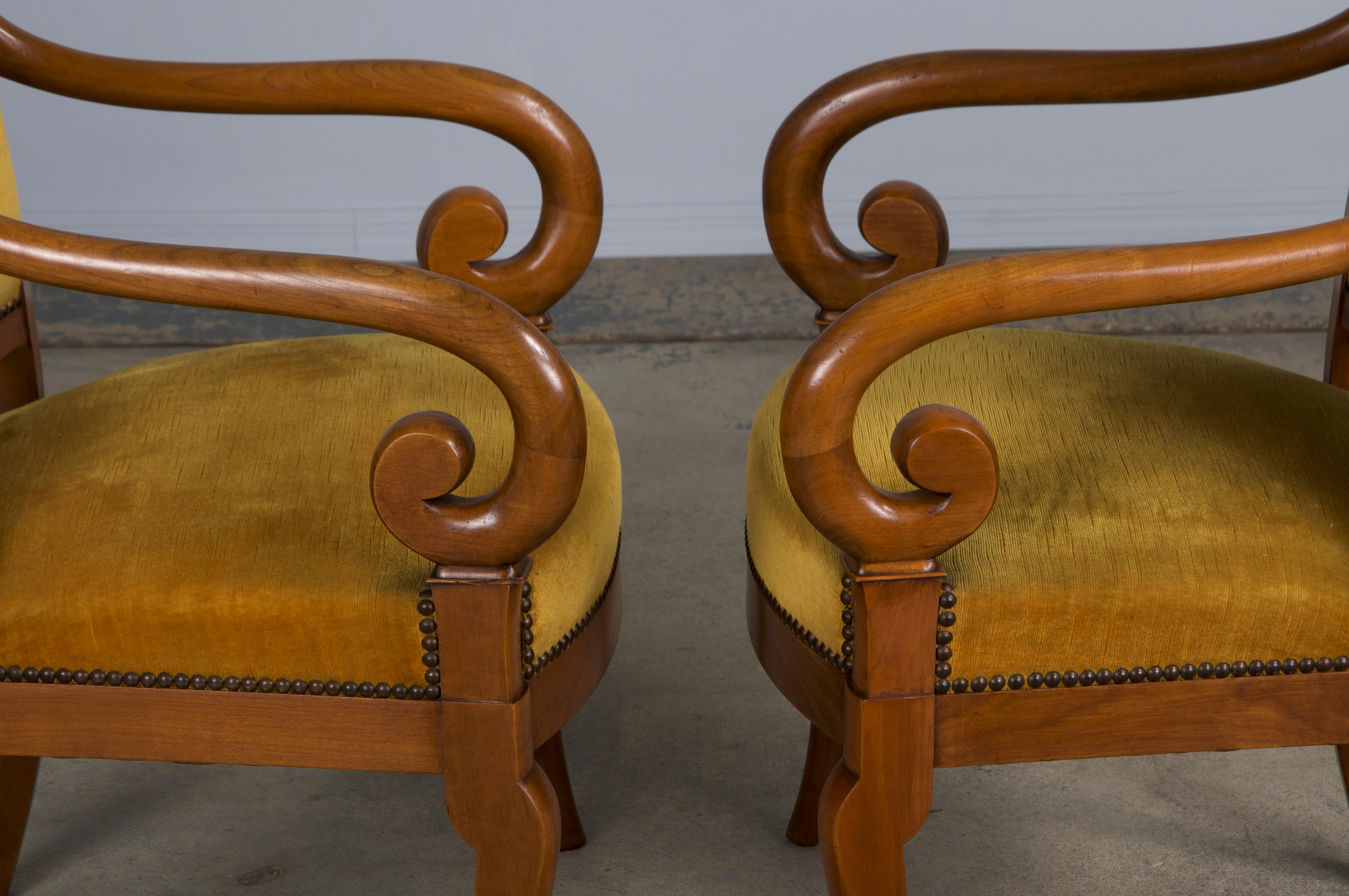 Antique French Louis Philippe Style Walnut Armchairs W/ Yellow Velvet - A Pair For Sale 9