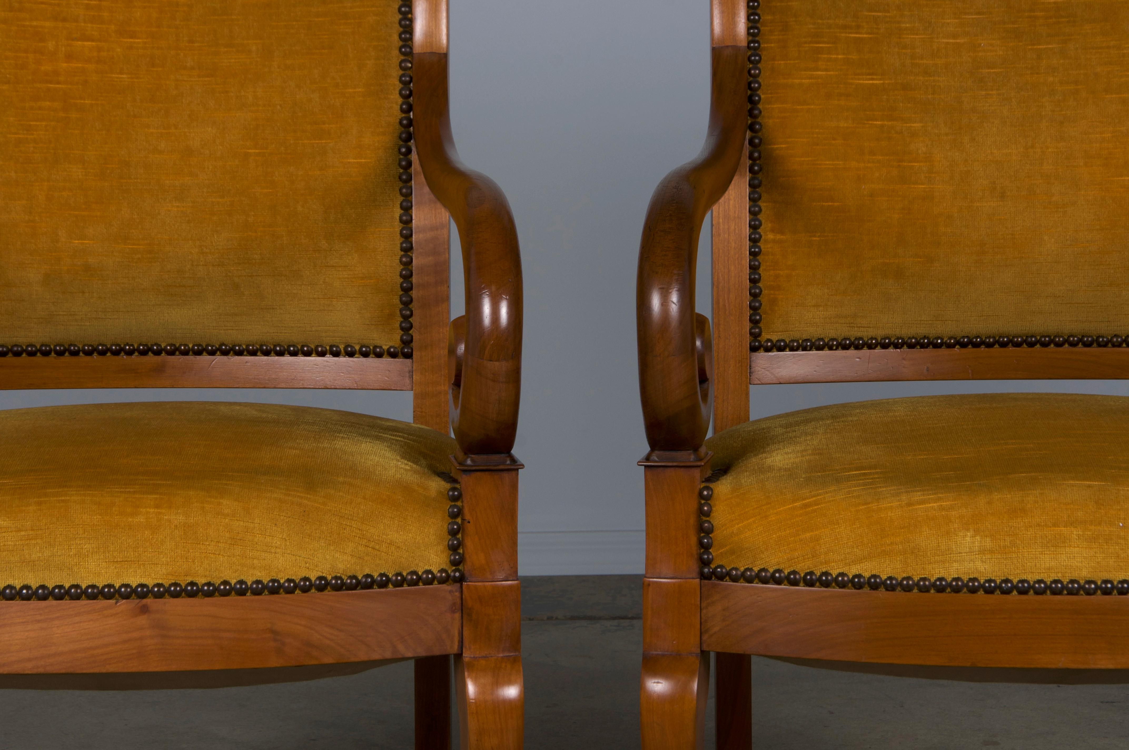 Antique French Louis Philippe Style Walnut Armchairs W/ Yellow Velvet - A Pair In Good Condition For Sale In Astoria, NY