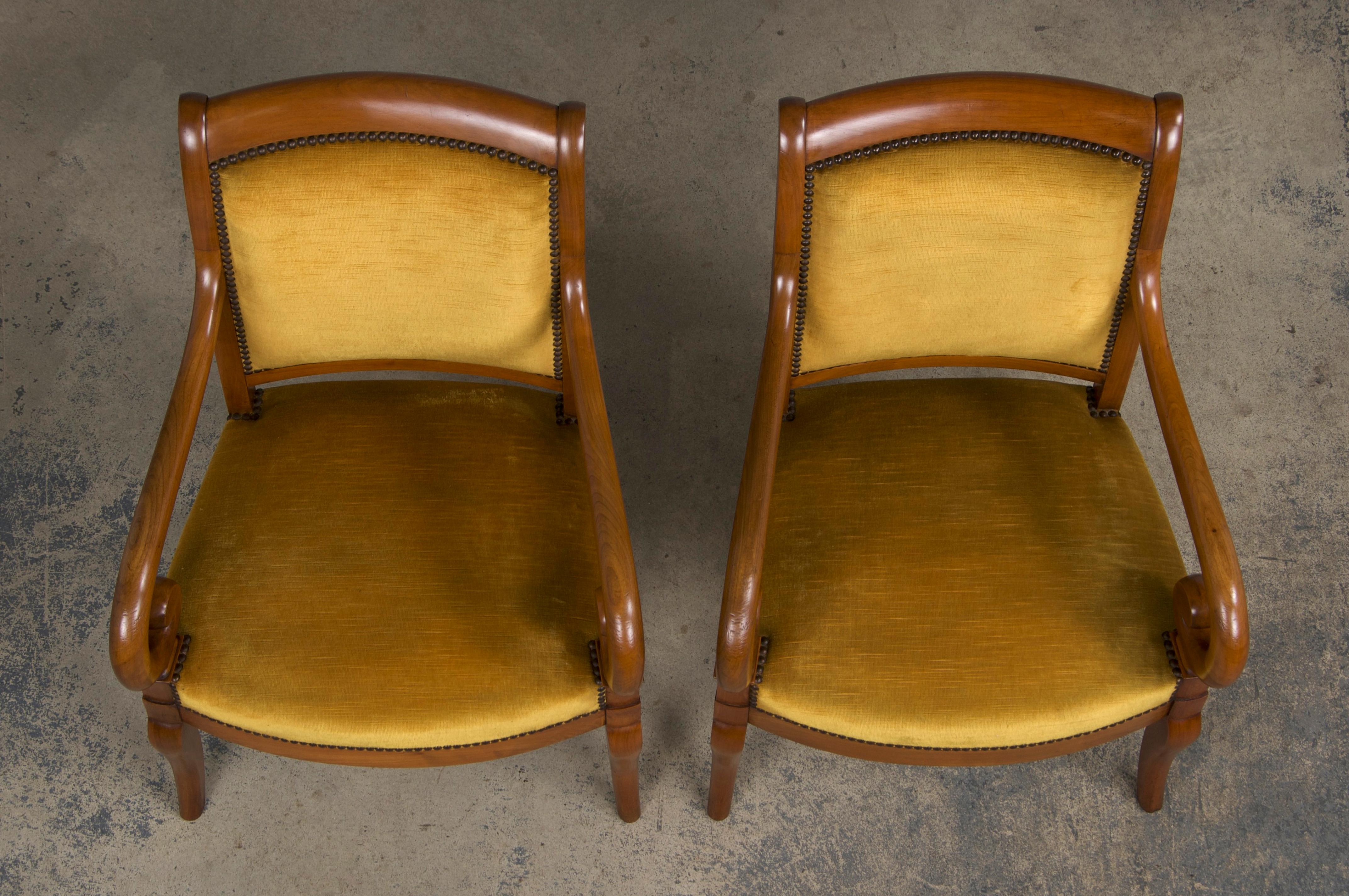 19th Century Antique French Louis Philippe Style Walnut Armchairs W/ Yellow Velvet - A Pair For Sale