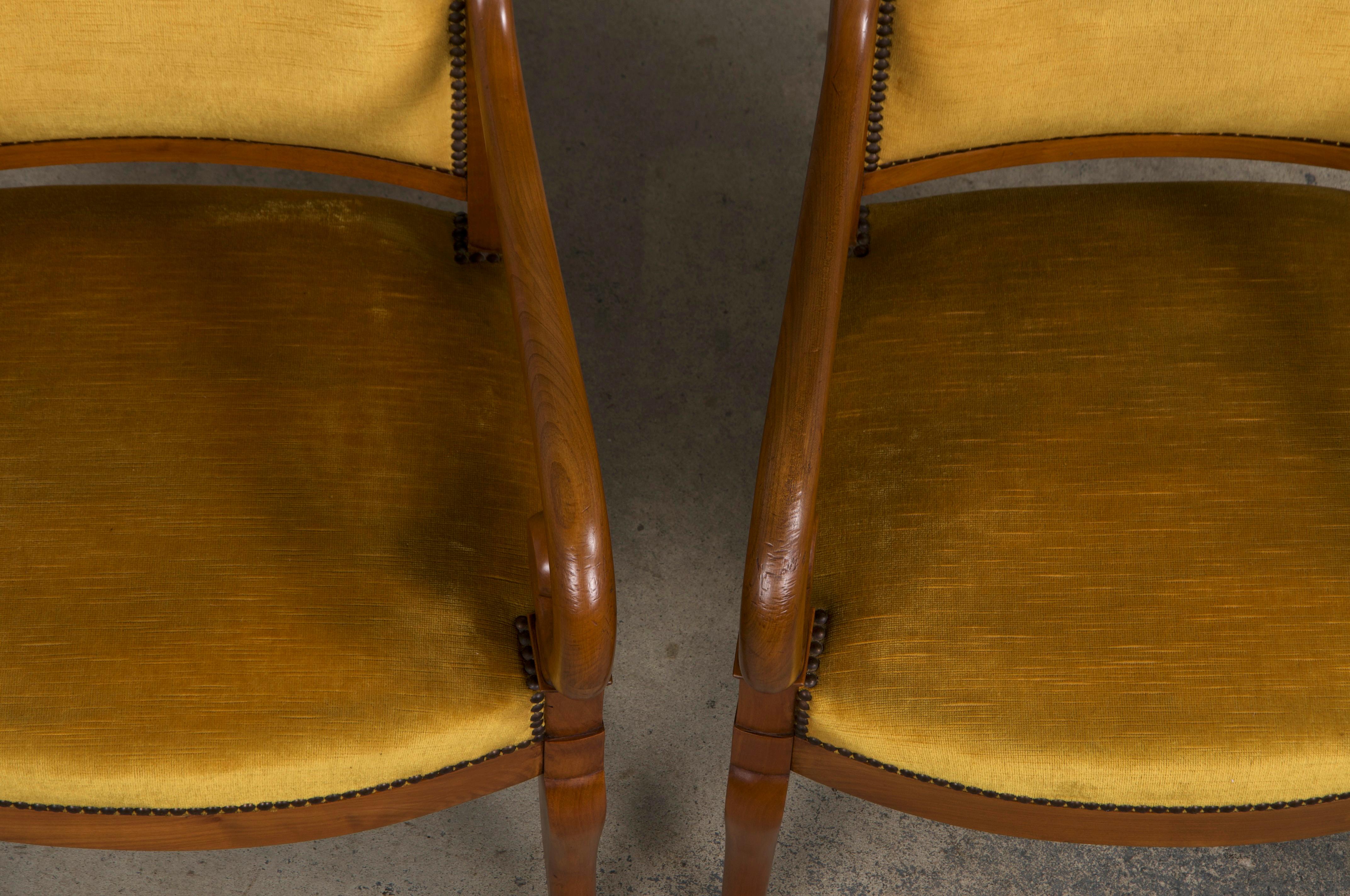 Antique French Louis Philippe Style Walnut Armchairs W/ Yellow Velvet - A Pair For Sale 1