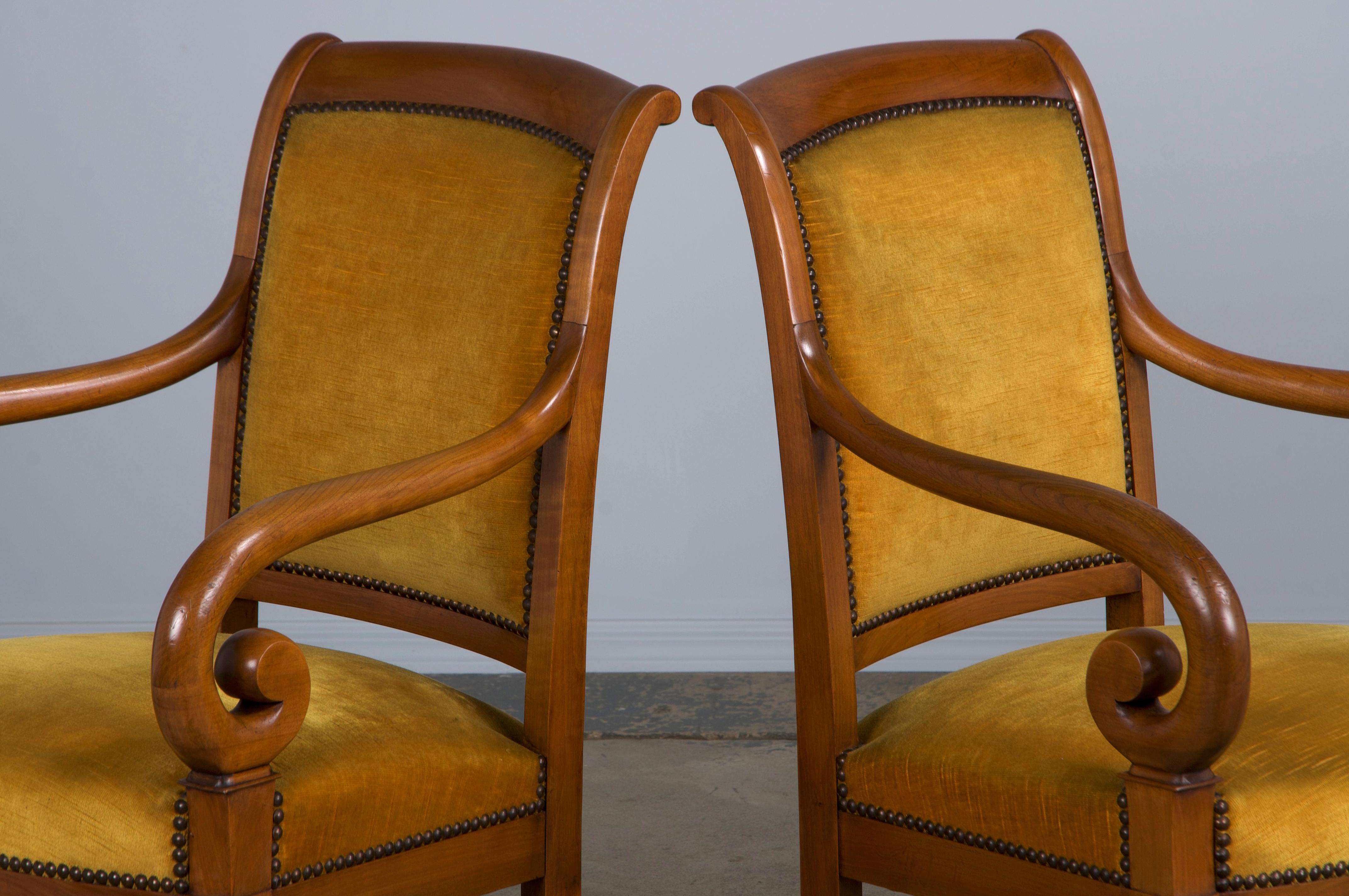 Antique French Louis Philippe Style Walnut Armchairs W/ Yellow Velvet - A Pair For Sale 2