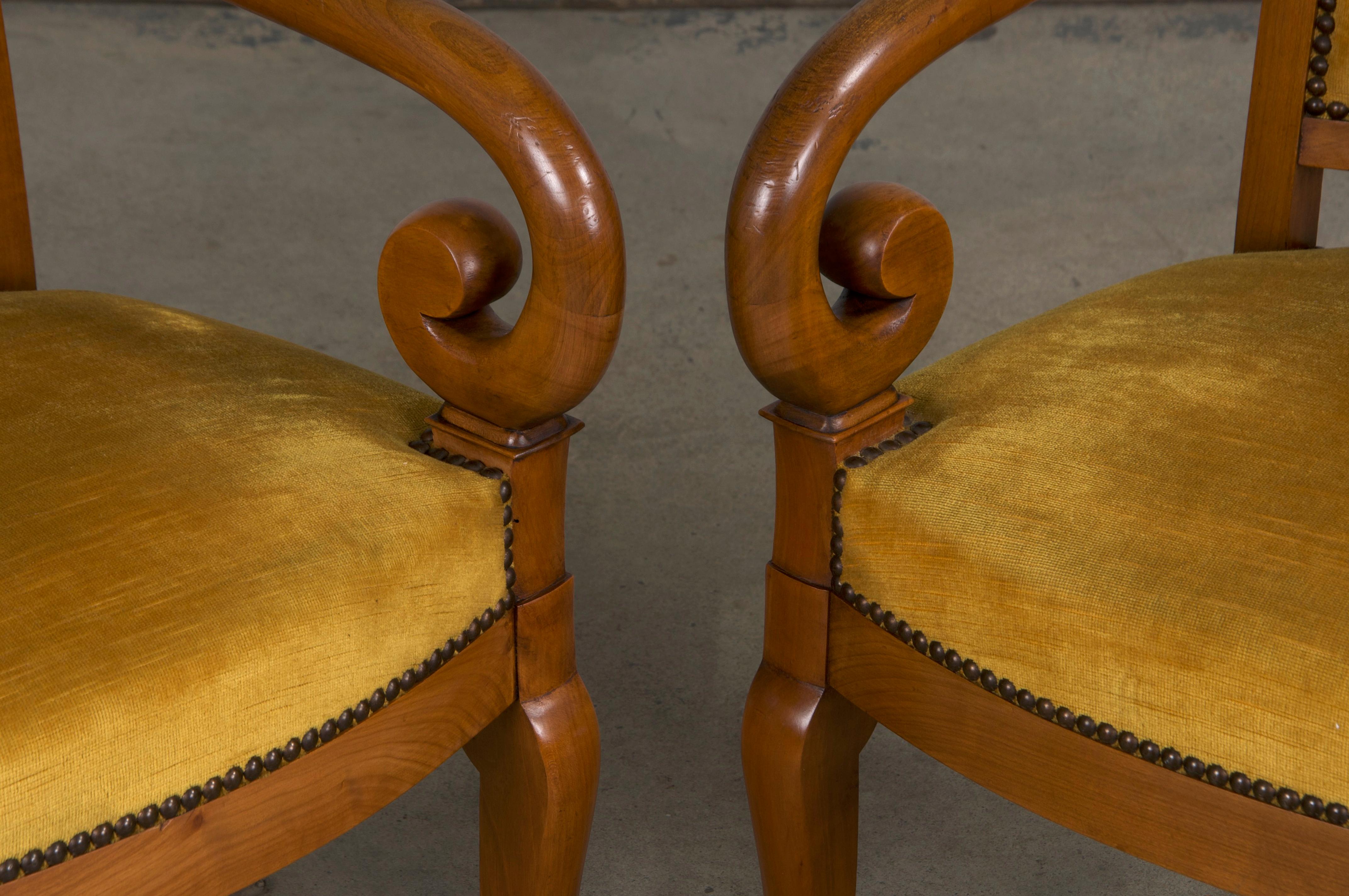 Antique French Louis Philippe Style Walnut Armchairs W/ Yellow Velvet - A Pair For Sale 3