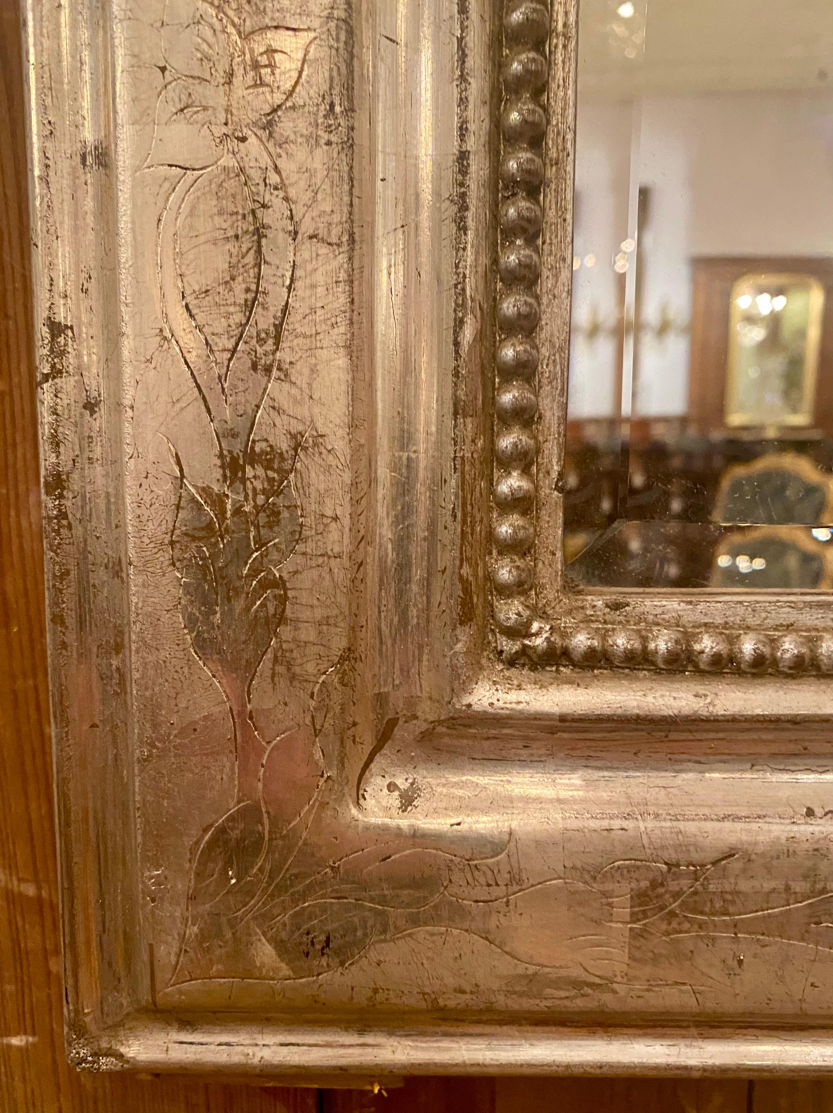 Antique French Louis Philippe Wood-Framed with Silver Leaf Beveled Mirror In Good Condition In New Orleans, LA