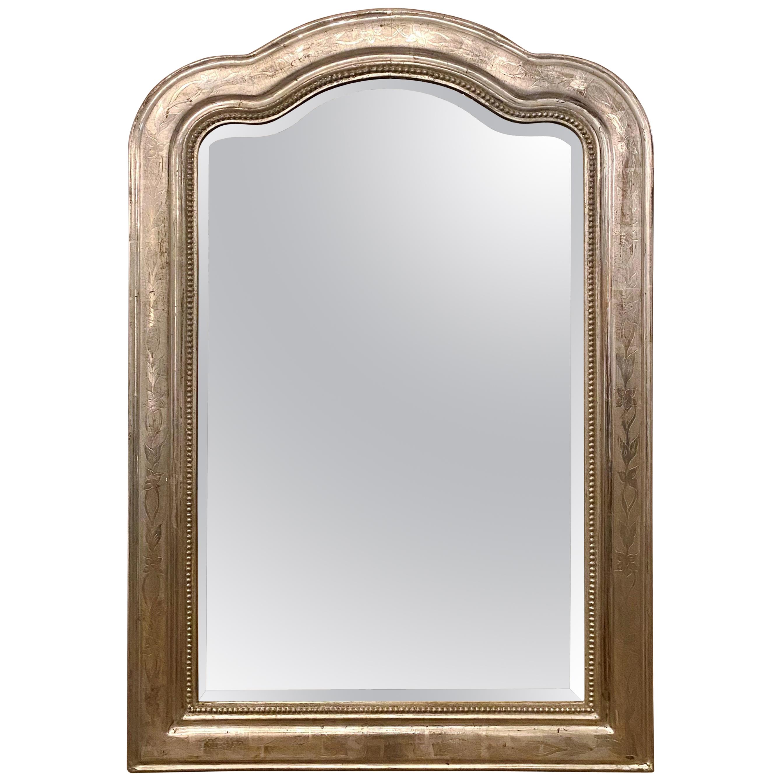 Antique French Louis Philippe Wood-Framed with Silver Leaf Beveled Mirror