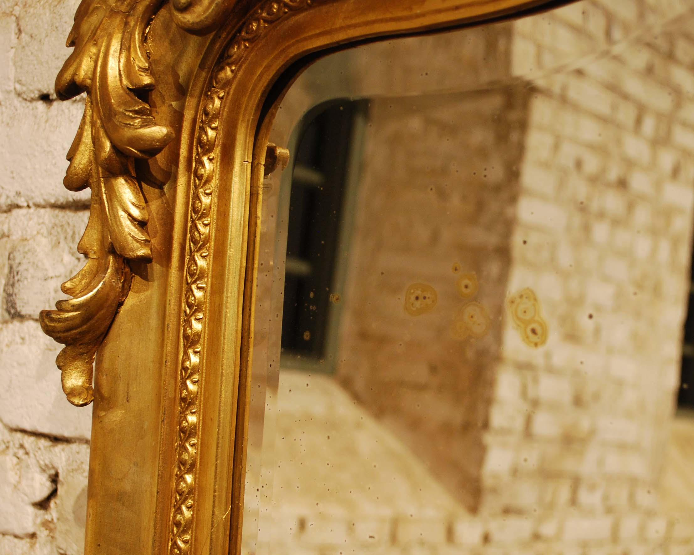 Gesso Antique French Louis Quinze or Rococo Gold Gilt Mirror with Facetted Glass