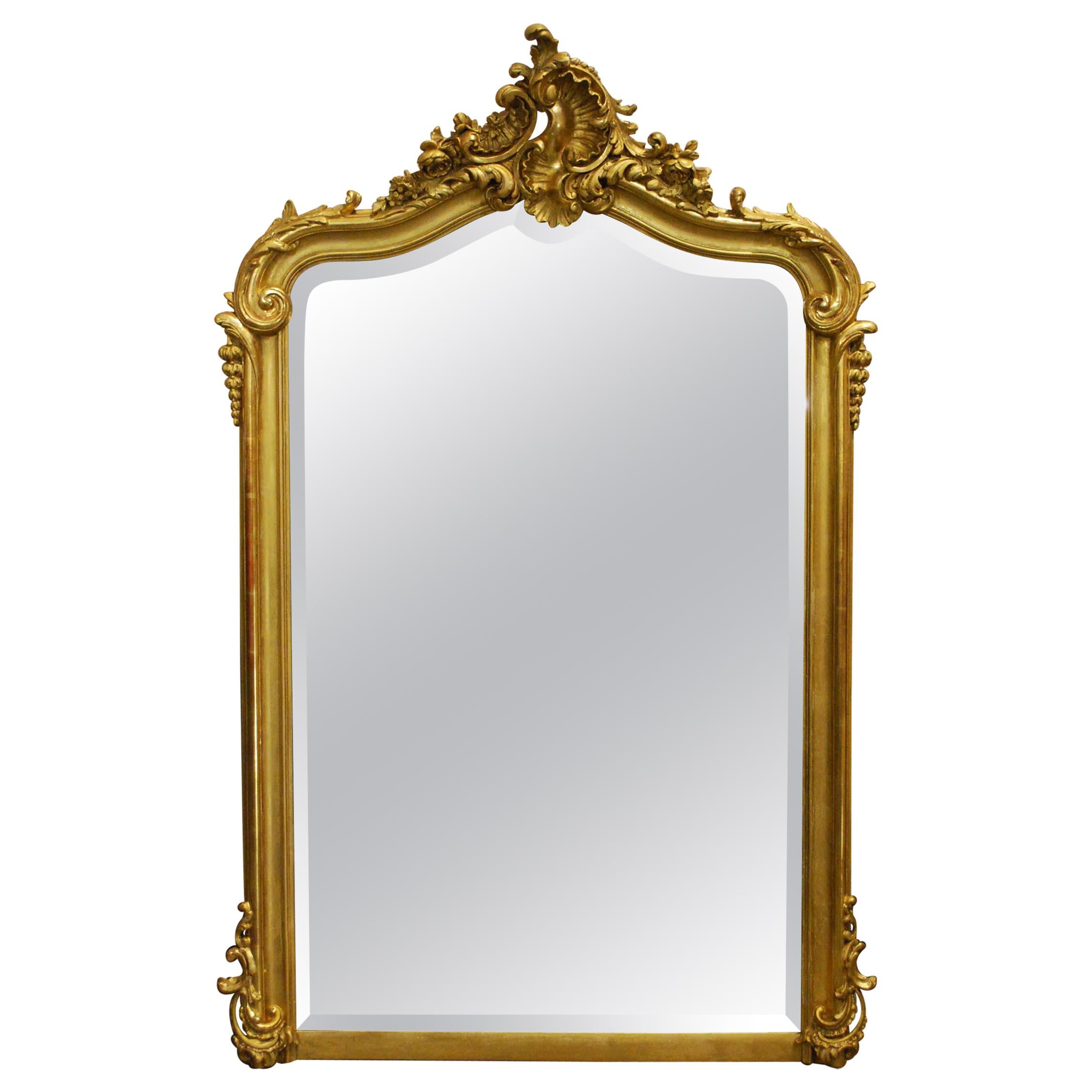 Antique French Louis Quinze or Rococo Gold Gilt Mirror with Facetted Glass