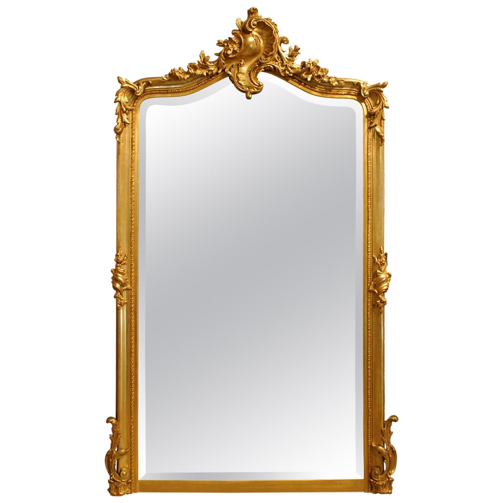 Antique French Louis Quinze or Rococo Gold Gilt Mirror with Facetted Glass