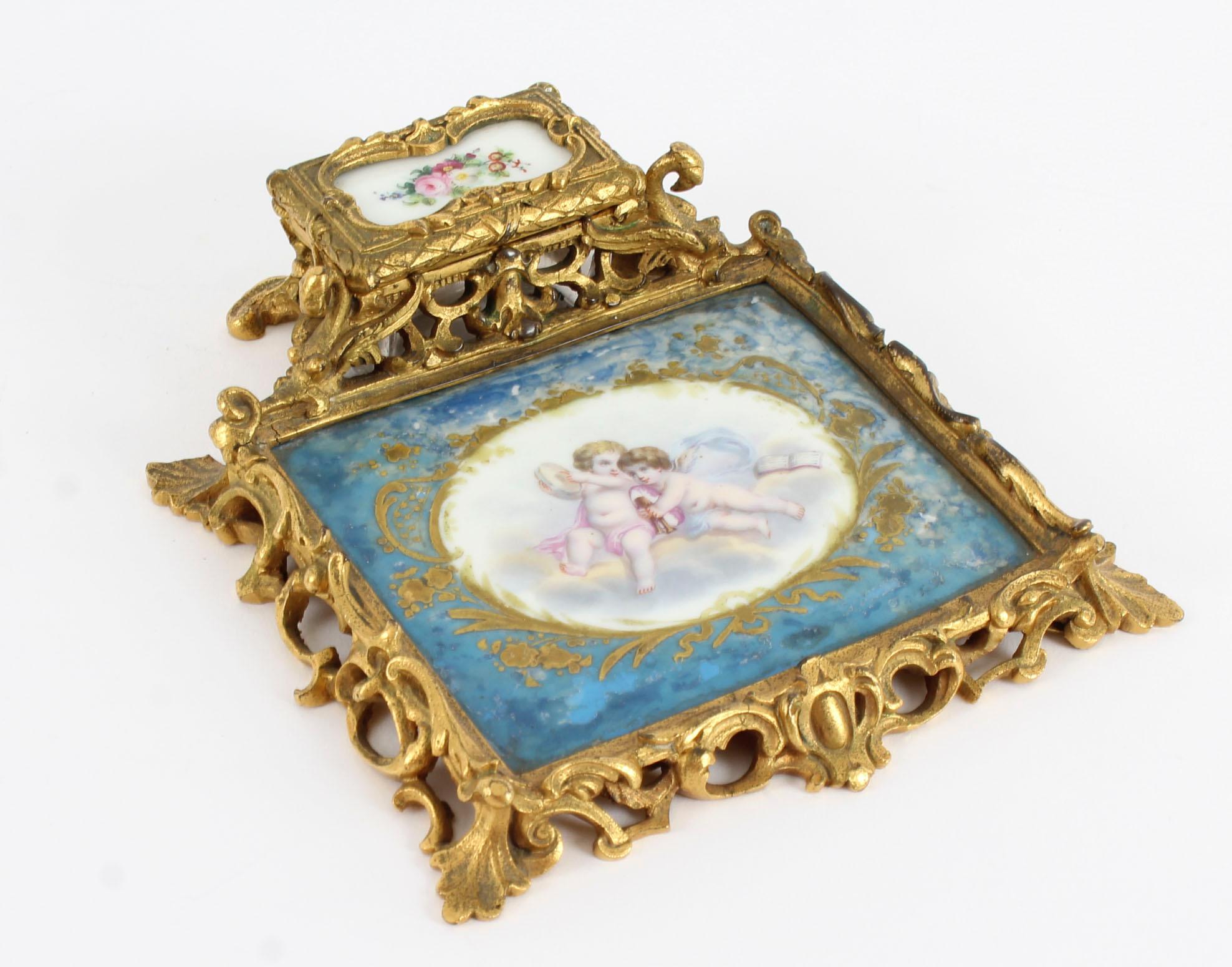 French Louis Revival Ormolu & Sevres Porcelain Inkstand, 1870, 19th Century 11