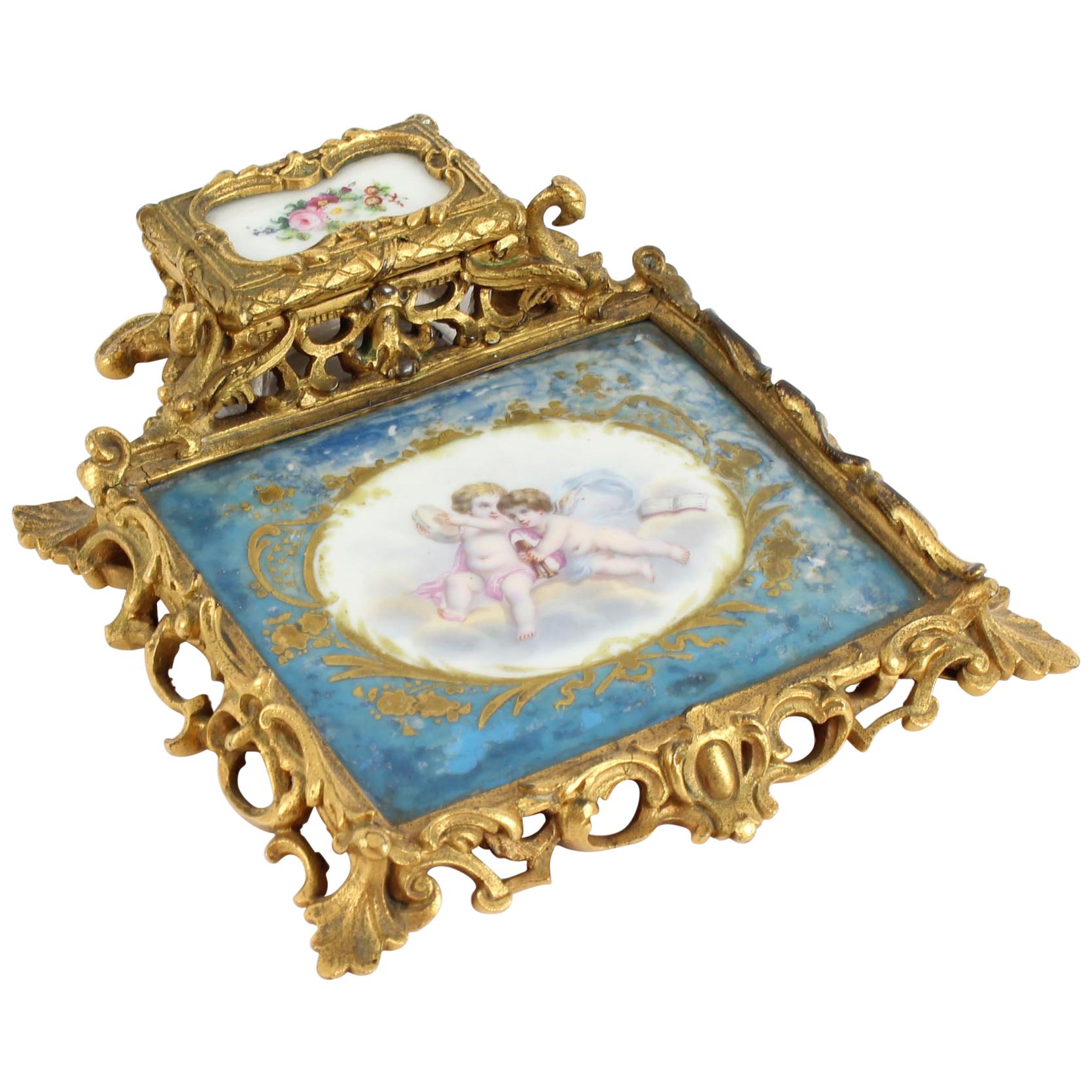 French Louis Revival Ormolu & Sevres Porcelain Inkstand, 1870, 19th Century