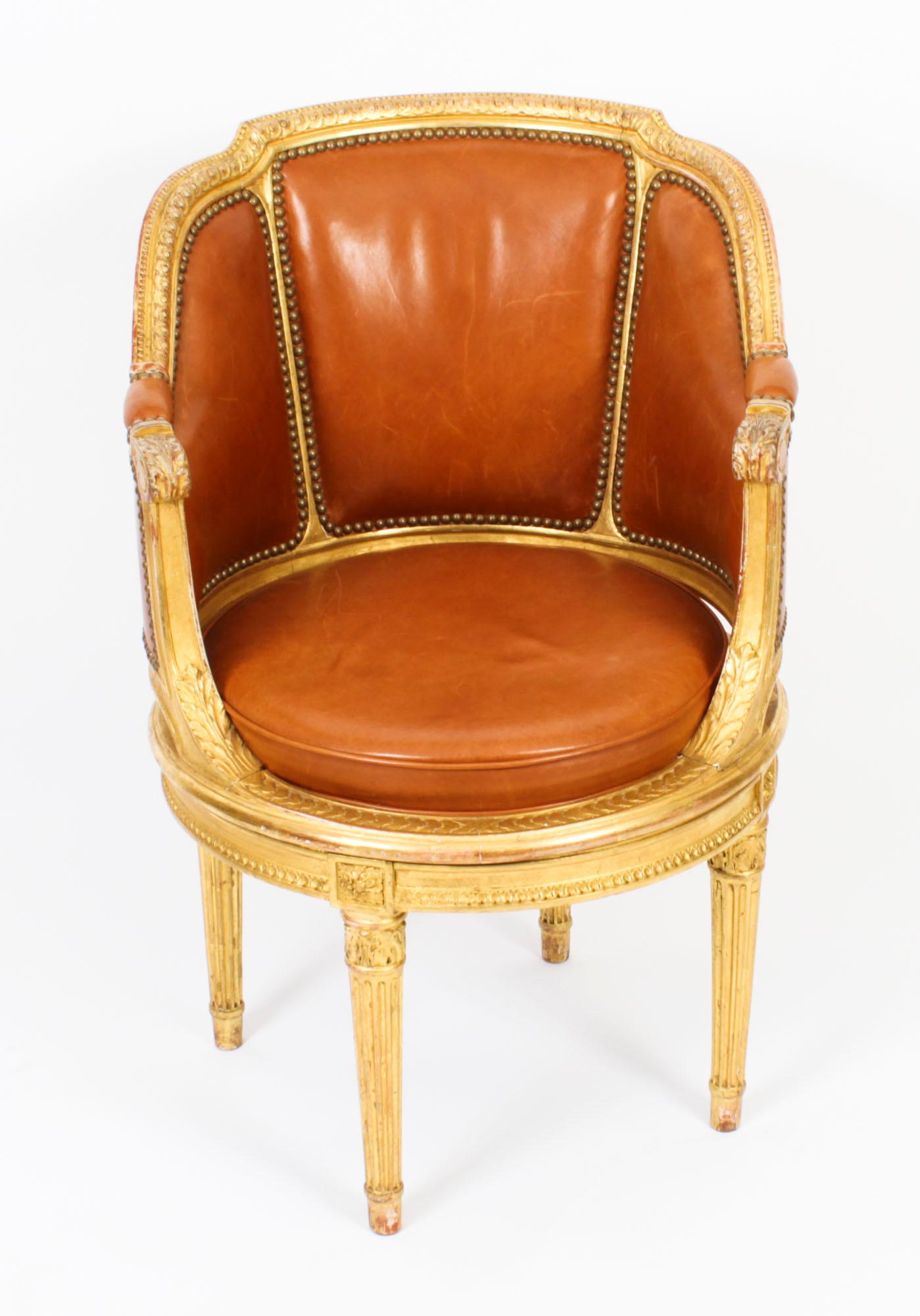 This is a fine and elegant antique French Louis revival revolving Fauteuil de Bureau / desk chair, circa 1860 in date.
 
The chair features guilloche, entrelac, beaded and acanthus carved frames, the rotating seat is above a lotus leaf moulded