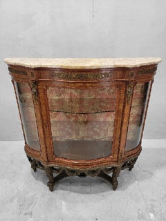 Antique French Louis Style Curved Glass Marble Top Vitrine Display Cabinet