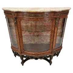Antique French Louis Style Curved Glass Marble Top Vitrine Display Cabinet
