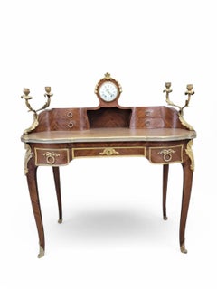 Antique French Louis Style Kidney Shaped Desk With Clock And Candelabras
