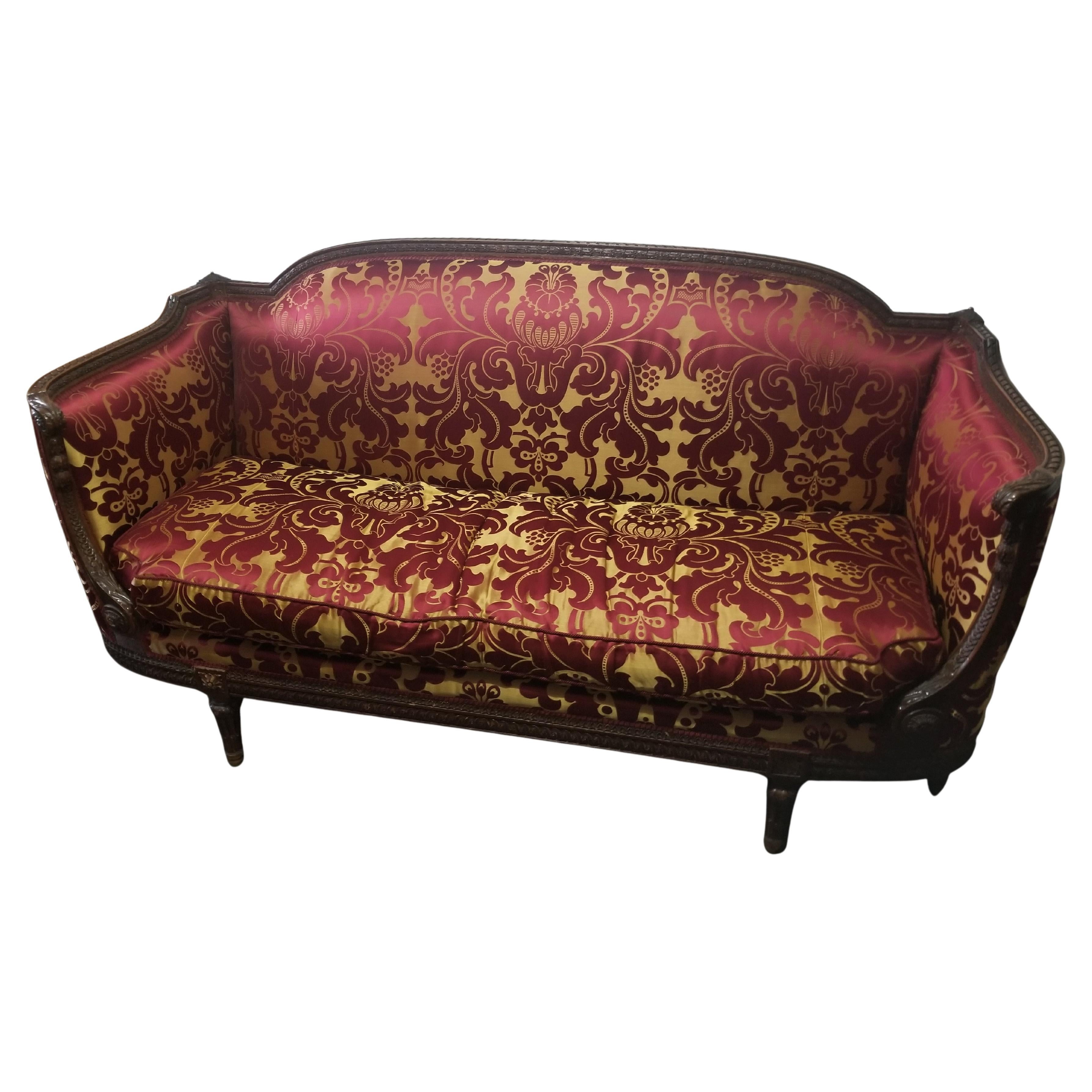 Antique French Louis XVI Style Carbed Walnut Frame Sofa, circa 1860