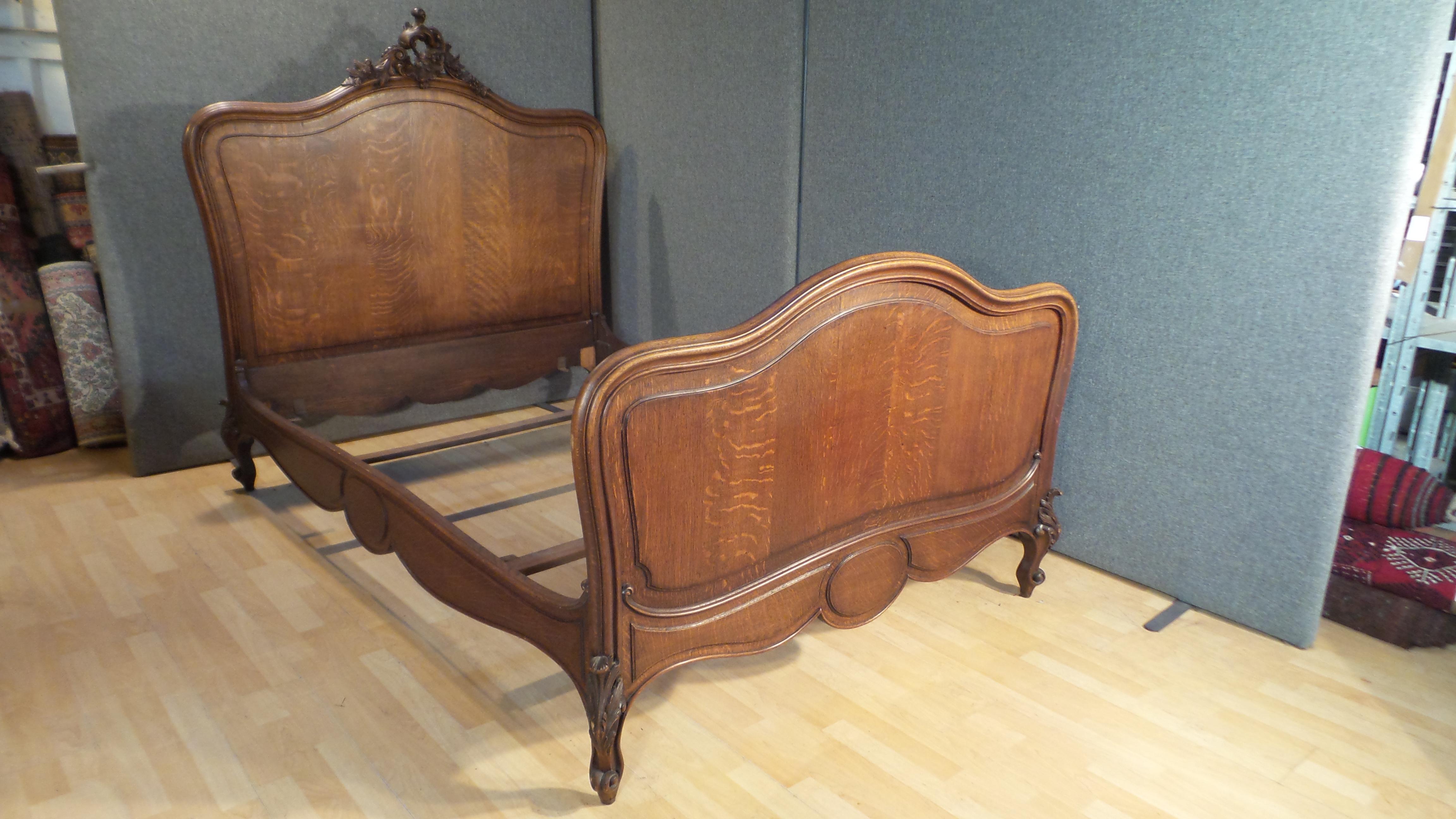 Antique French Louis VX1 Double Bed Frame in Oak with Superb Carved Plume 2