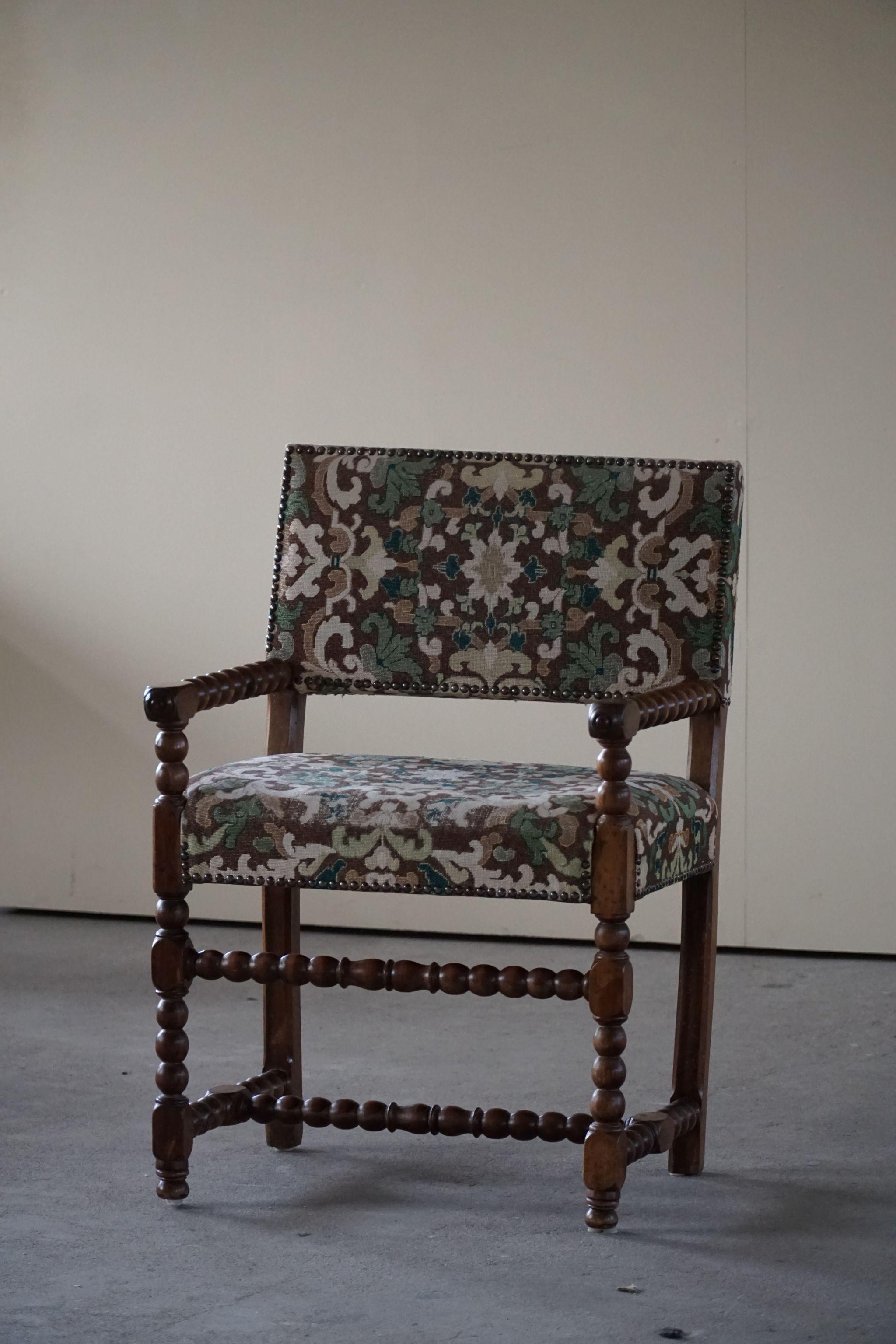 Hand-Carved Antique French Louis XIII Armchair in Solid Walnut, Original Upholstery, 17th C