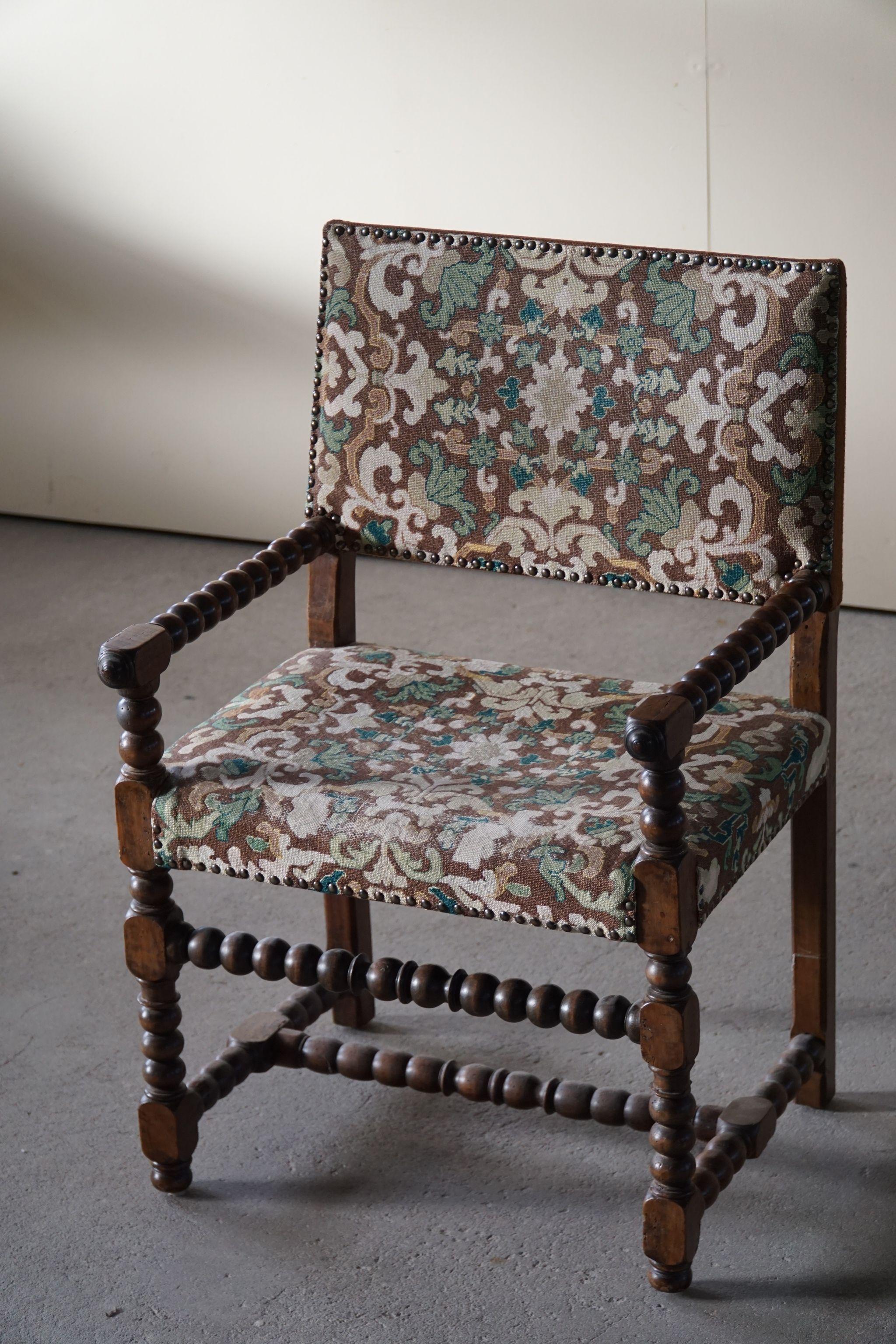 Antique French Louis XIII Armchair in Solid Walnut, Original Upholstery, 17th C 1