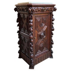 Antique French Louis XIII Cabinet Pedestal Table White Marble Carved Oak c1890