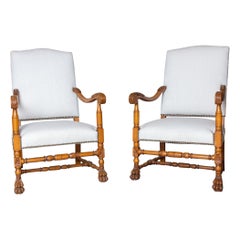 Antique French Louis XIII Carved Armchairs Pair Available