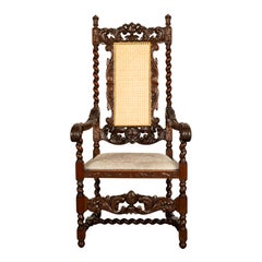 Antique French Louis XIII Carved Walnut Barley Twist Armchair Cane Cowhide 1880