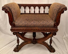 Antique French Louis XIII Carved Walnut Window Bench, Circa 1880-1890.