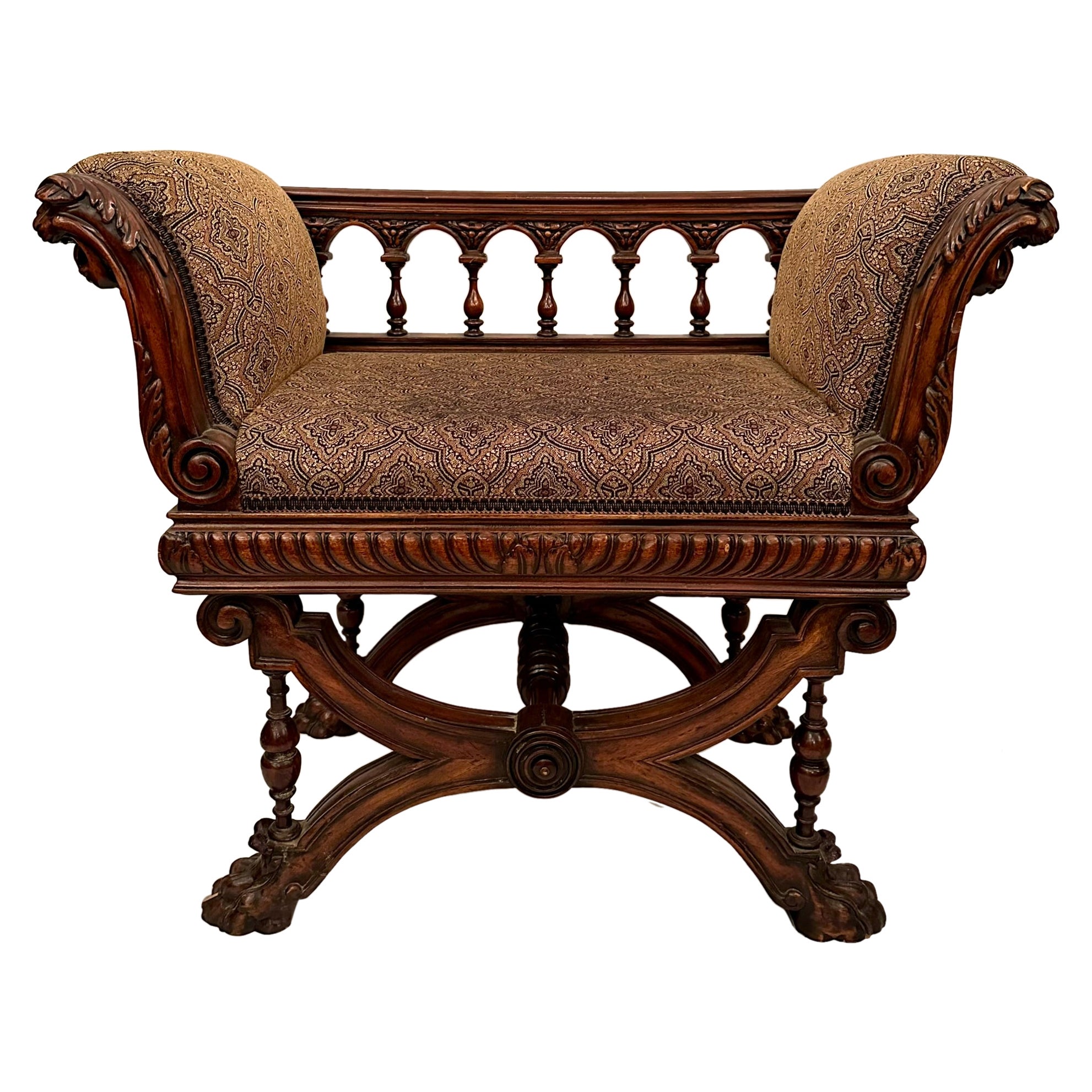 Antique French Louis XIII Carved Walnut Window Bench, Circa 1880-1890.