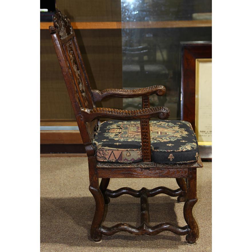 Hand-Carved Antique French Louis XIII Highly Carved Oak Armchair Early 18th Century For Sale