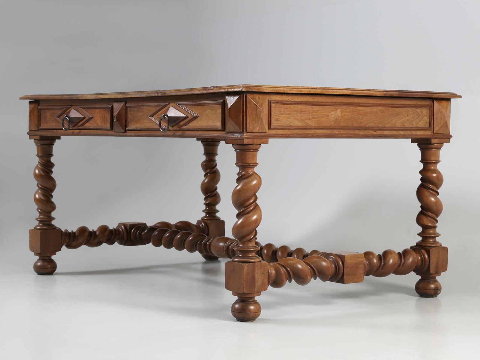 Antique French Louis XIII Style Barley Twist Desk in Solid Walnut Unrestored 13